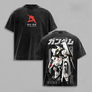 RX-93 Nu mecha themed vintage washed cotton crew tee, tiny red unicorn chest logo front & full framed mobile suit back illustration, old-school anime streetwear great for fan meetups, birthday & manga fandom holiday gifting