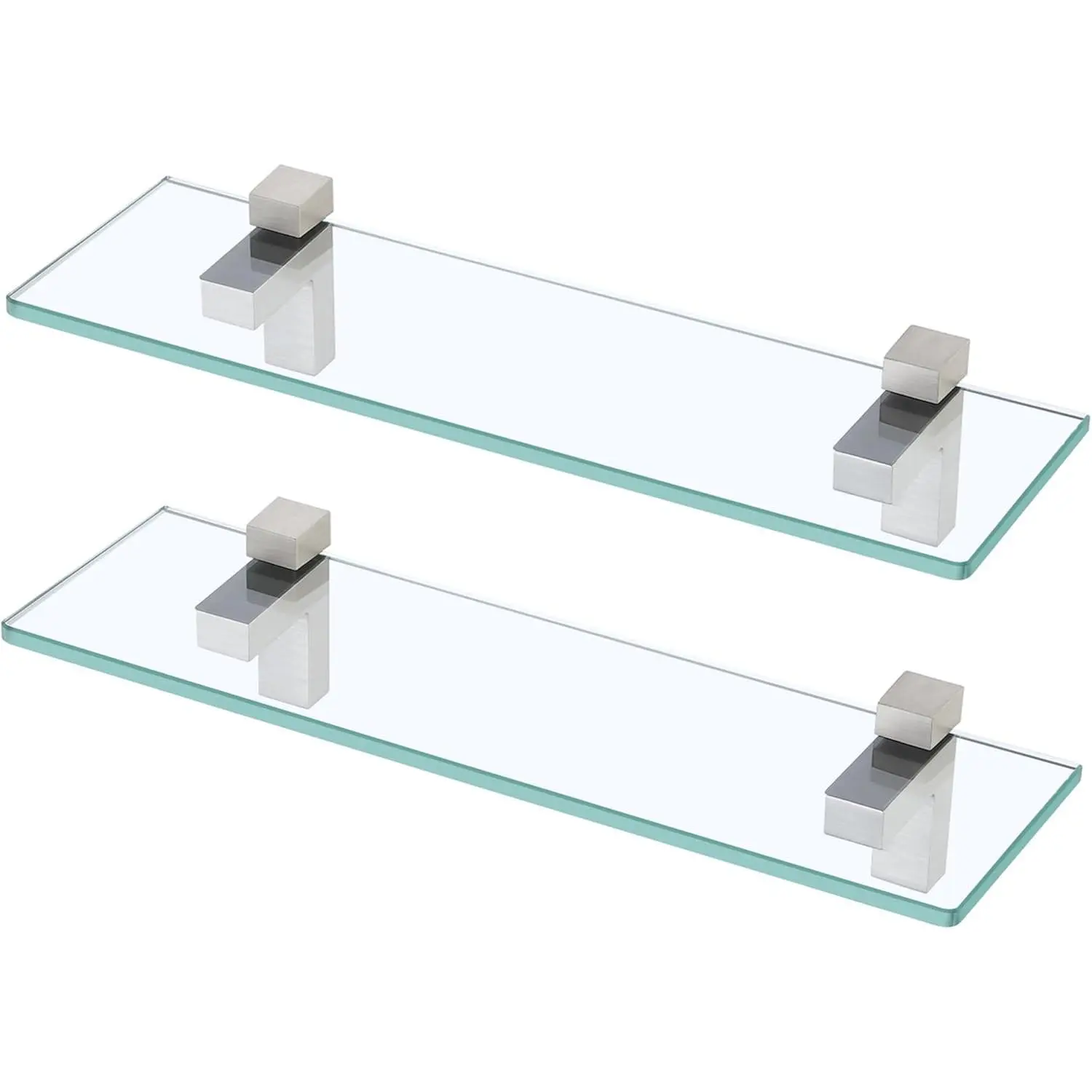 2-Pack Floating Tempered Glass Bathroom Shelves, 16 in, Brushed Nickel Metal Brackets, 11 lbs Capacity, Wall-Mounted for Bathroom, Kitchen, Bedroom, Shower