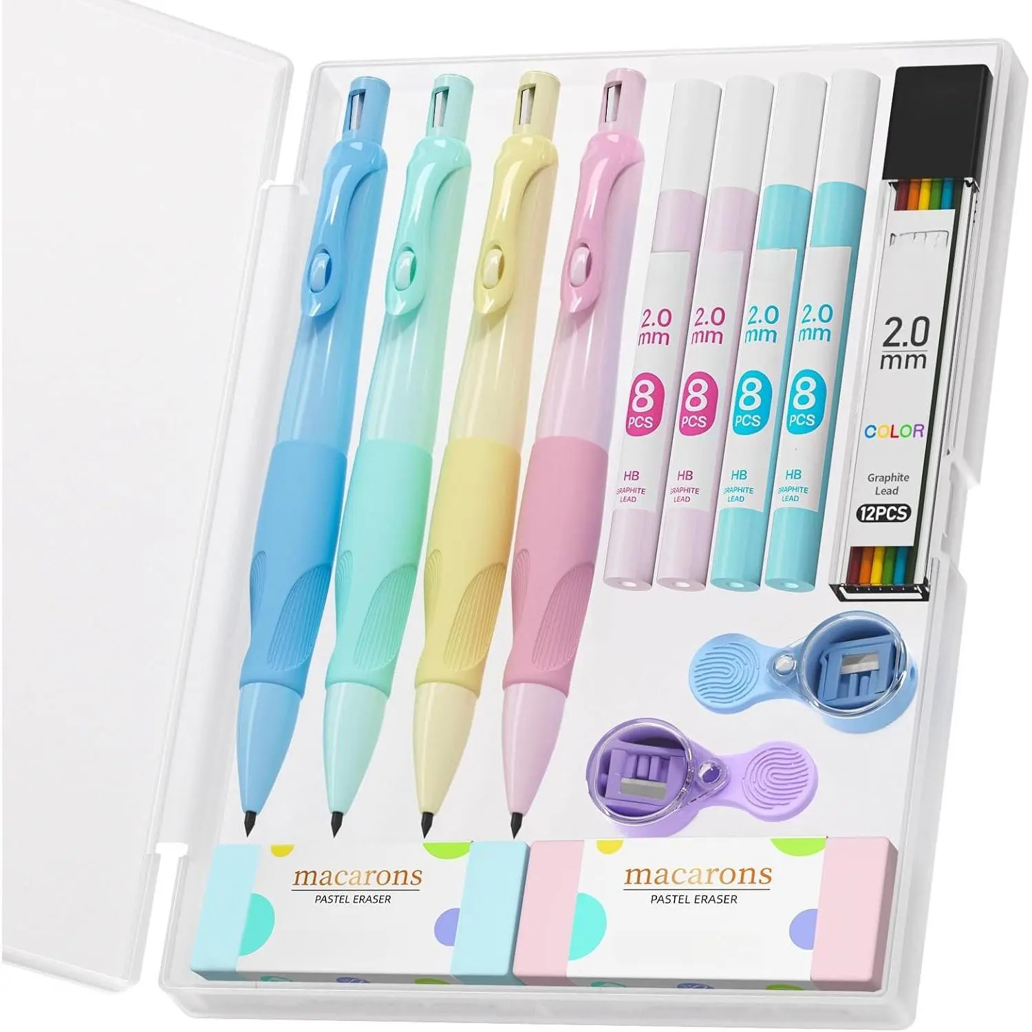 2.0MM Handwriting Pencils for  with Comfort  Grip, 4 count Cute Mechanical Pencils with 44 count Lead Refills, 2 count Sharpeners/Erasers, Aesthetic School Supplies for  Writing