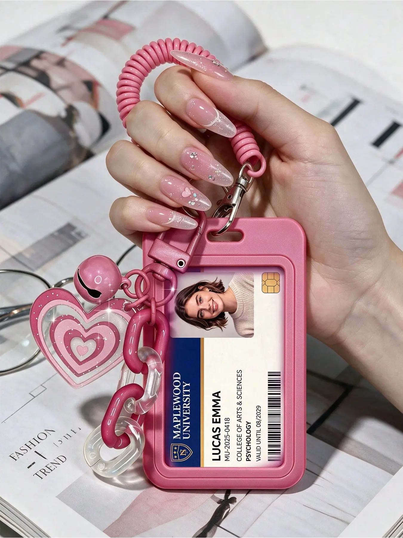 Heart Shaped ID Badge Holder with Bell Charm & Retractable Spring Keychain, Hard Plastic Card Cover with Detachable Wipeable Sliding Lid, Lanyard & Clear Window, for Student ID Transit Card Work Pass, Cute Girl Accessory, Back to School Gift