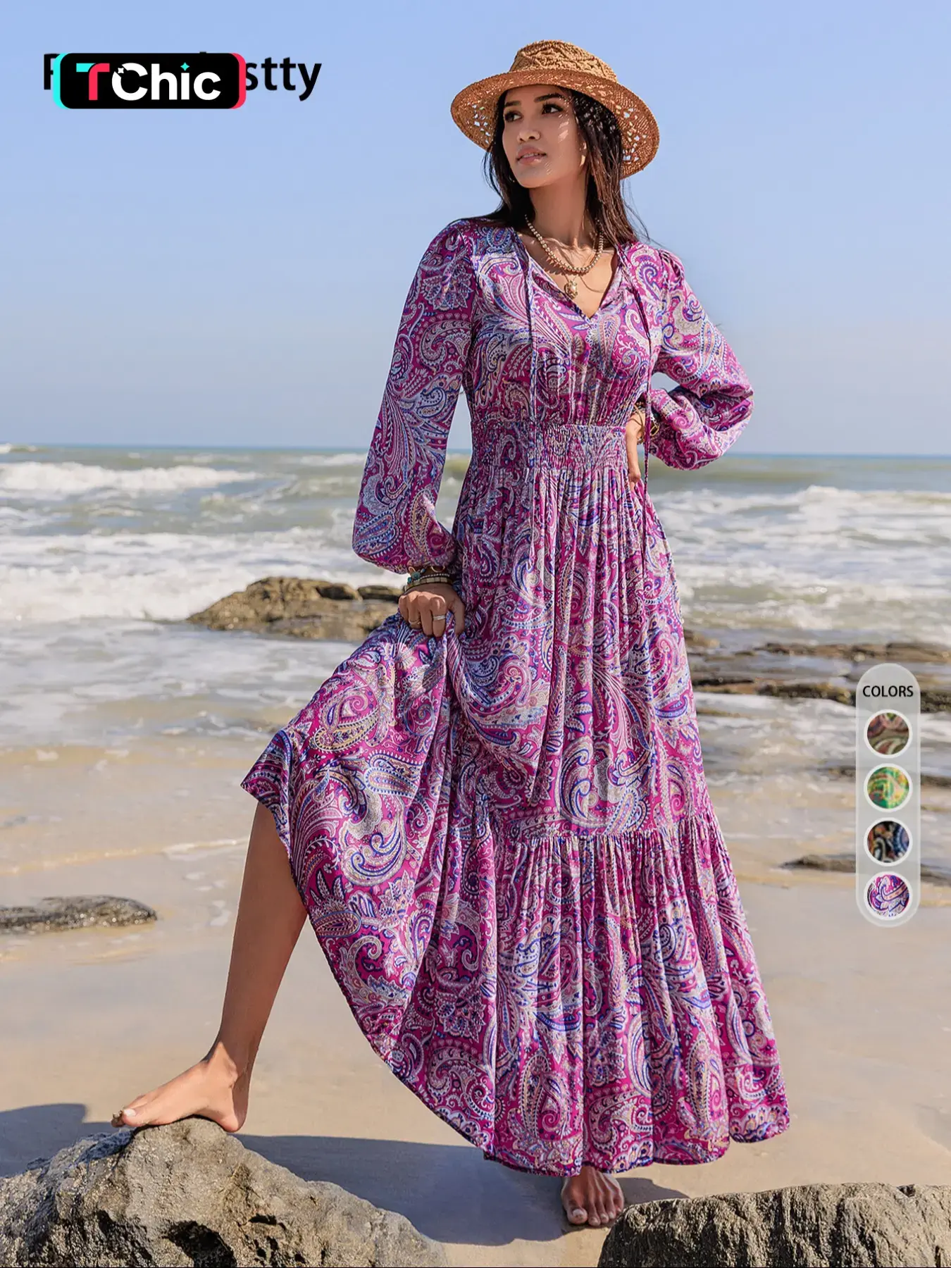 Women's Boho Bohemian Style Long Lantern Sleeve Woven Paisley Print Dress with Fitted Waist, Comfortable, Stylish and Elegance for All Seasons, Perfect for the Beach, Summer, Casual Wear