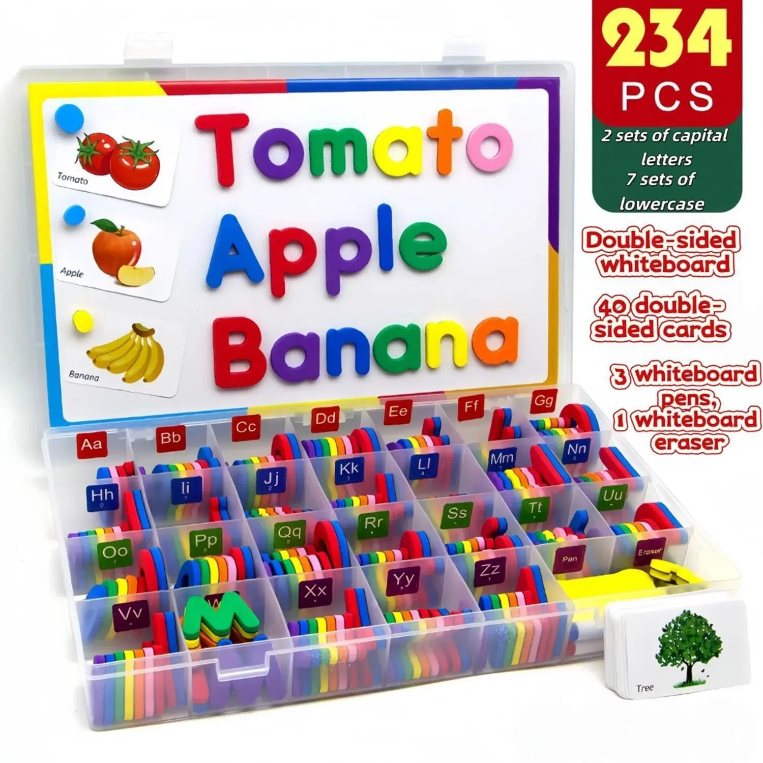New children's magnetic alphabet learning set, including 234 magnetic letters, double-sided white boards, 3 markers, eraser, cards and storage box. Learning materials, best for back-to-school season and Christmas.