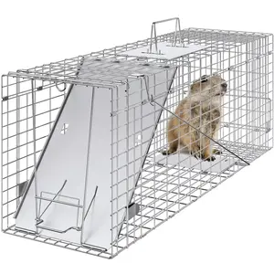 VEVOR Live Animal Cage Trap, 31" x 10"x 12" Humane Cat Trap Galvanized Iron, Folding Animal Trap with Handle for Rabbits, Stray Cats, Squirrels, Raccoons, Groundhogs and Opossums