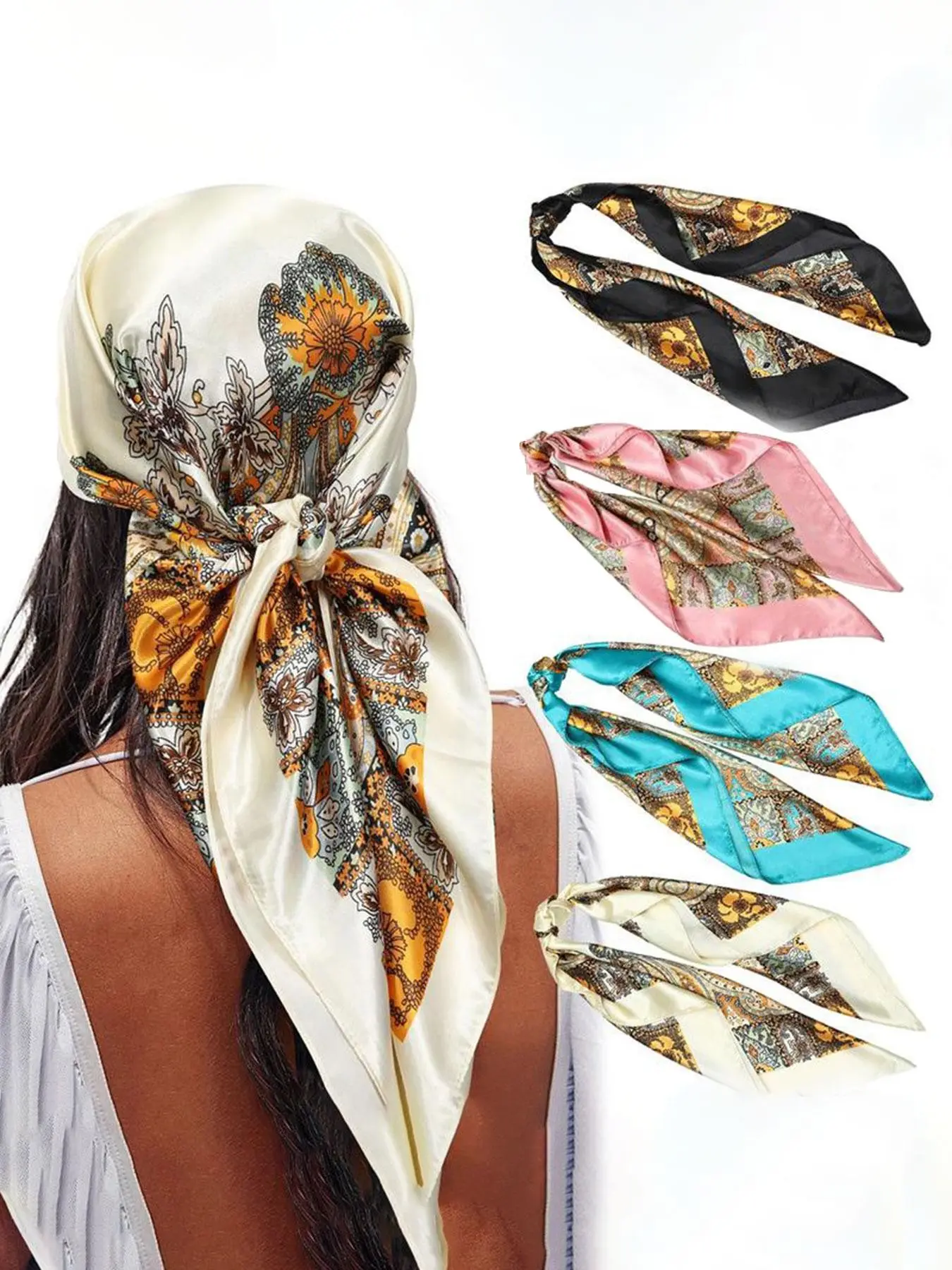 4 Pcs Vintage Floral Satin Scarf Set, Lightweight Imitation Silk, Multi-Use Headscarf, Hairband, Neck Accessory, Bag Strap, Women's Fashion,back-to-school season
