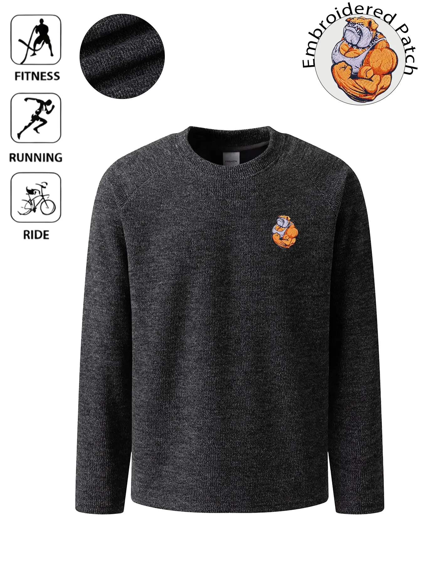 Men Athleisure Textured Knit Crew Neck Sweater, Bulldog Embroidered Patch Pullover, Light‑Outdoor Streetwear Top, Versatile One‑Wear‑Multiple‑Ways Long‑Sleeve Shirt for Gym Workout Running Cycling Camping Daily Casual, Comfort Functional Fashion Street