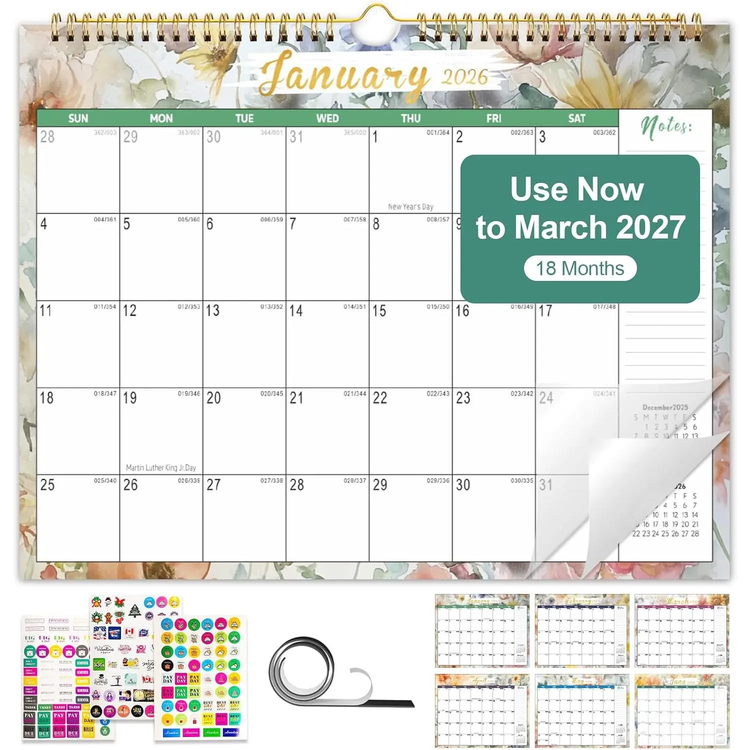 2026 Wall Calendar, 18-Month Calendar 2026-2027, Use from Jan 2026 to Jun 2027, Large Wall Calendar 2026, 14" x 11", Wall Planner for Your Family, School or Office (3 Stickers Included)