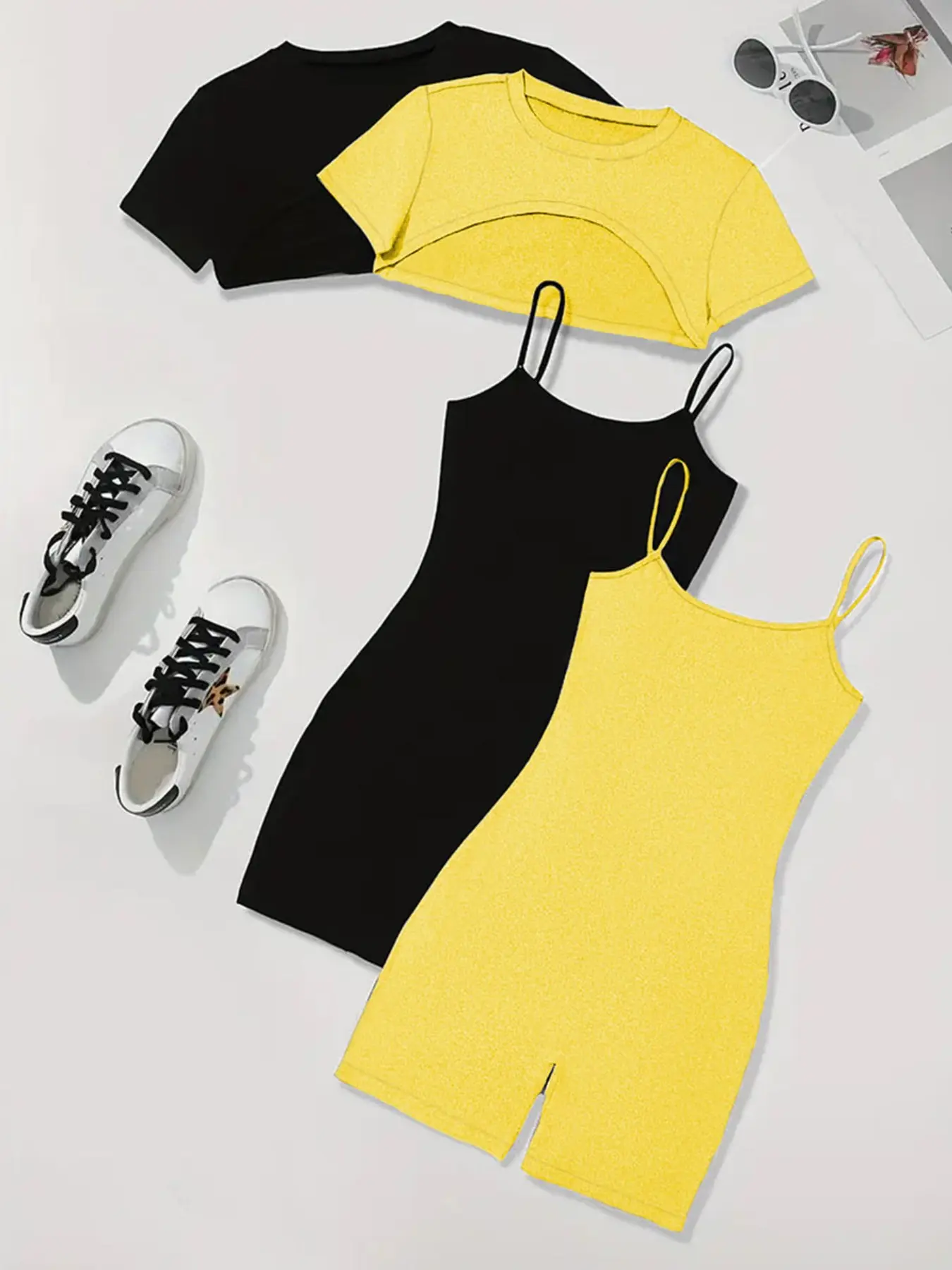 2 Piece Set: Crop Top + Romper Bodycon, Casual Chic Fitted Glossy Plain Design, All Seasons Wear, Lightweight Comfortable Style, Cropped, Bodysuit