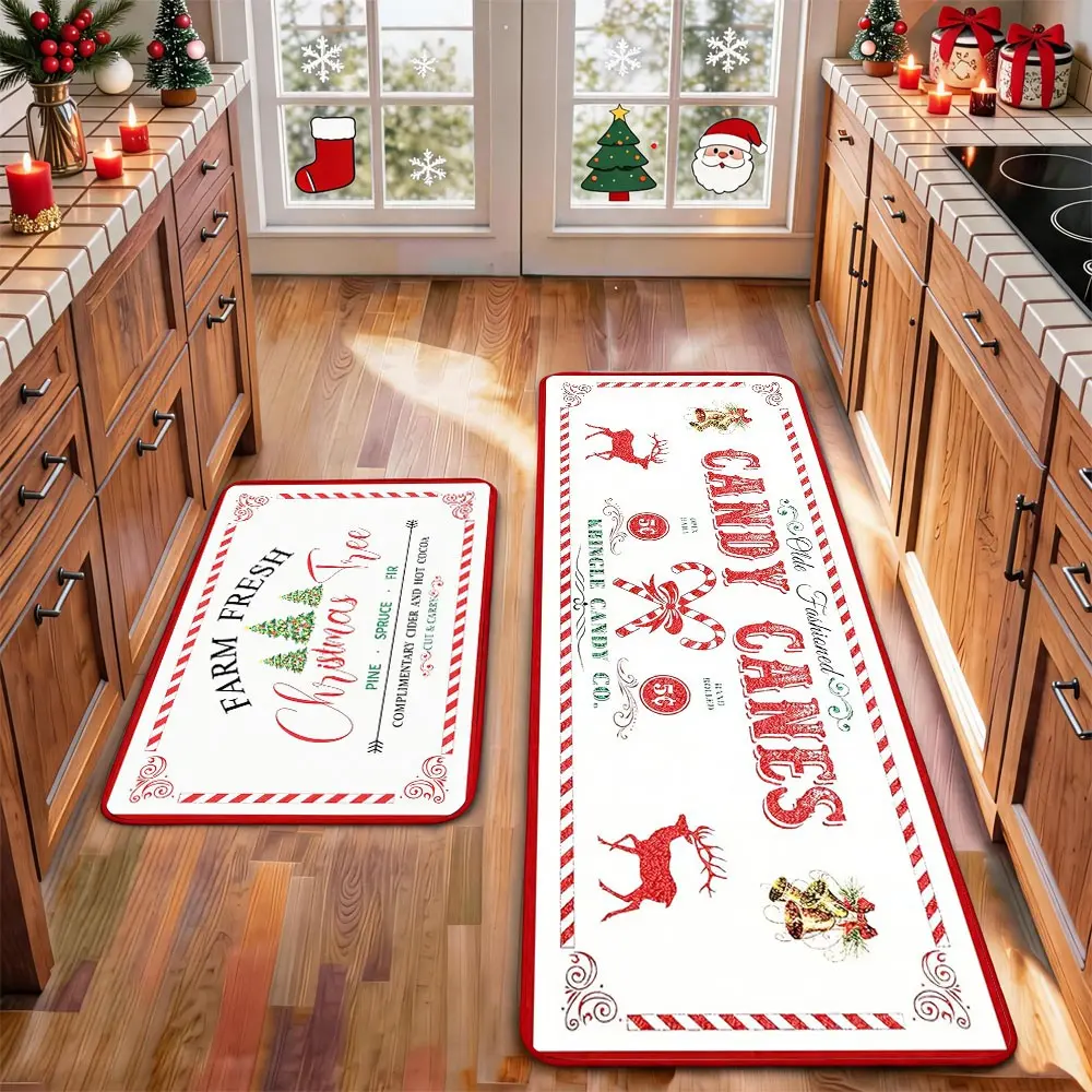 2 Pcs Christmas Kitchen Rug Mat Gnomes Gingerbread Tree Santa Clause Snowflake Red Black Floor Mat Set Farmhouse Kitchen Rug Non Slip Restaurant Floor Dining Room Laundry Room Decor Carpet Mat Winter Decor Home Decor Rug