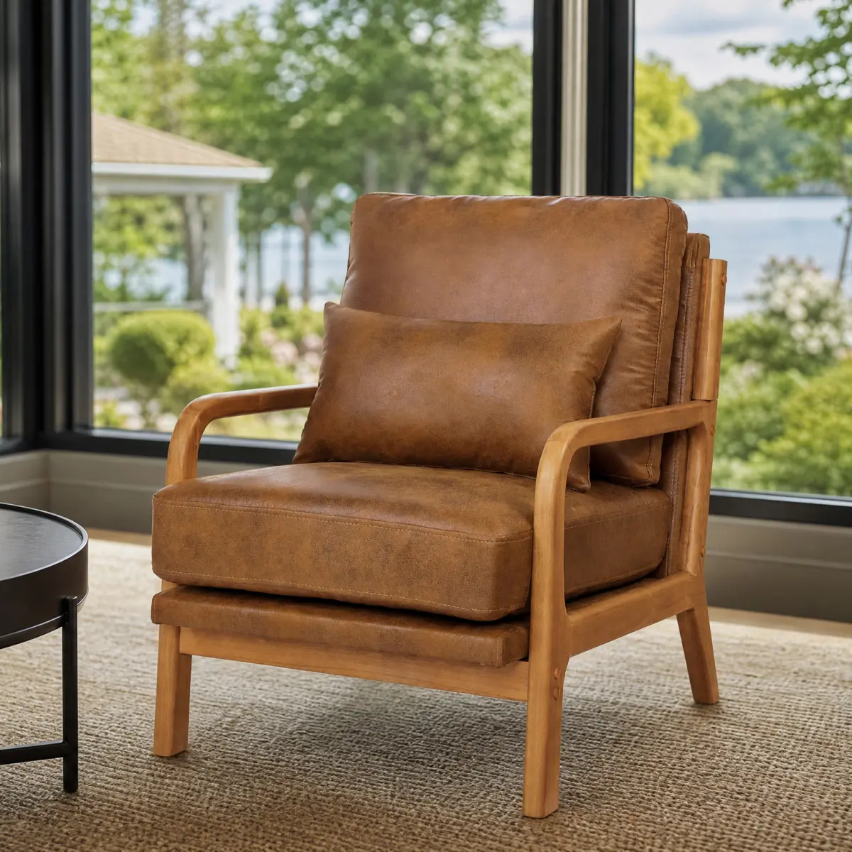 Accent Chair with Cushion, Mid-Century Modern Upholstered Single Reading Armchair with Comfy Leather + Solid Wood Frame for Living Room, Bedroom, Lounge, Balcony (Brown)