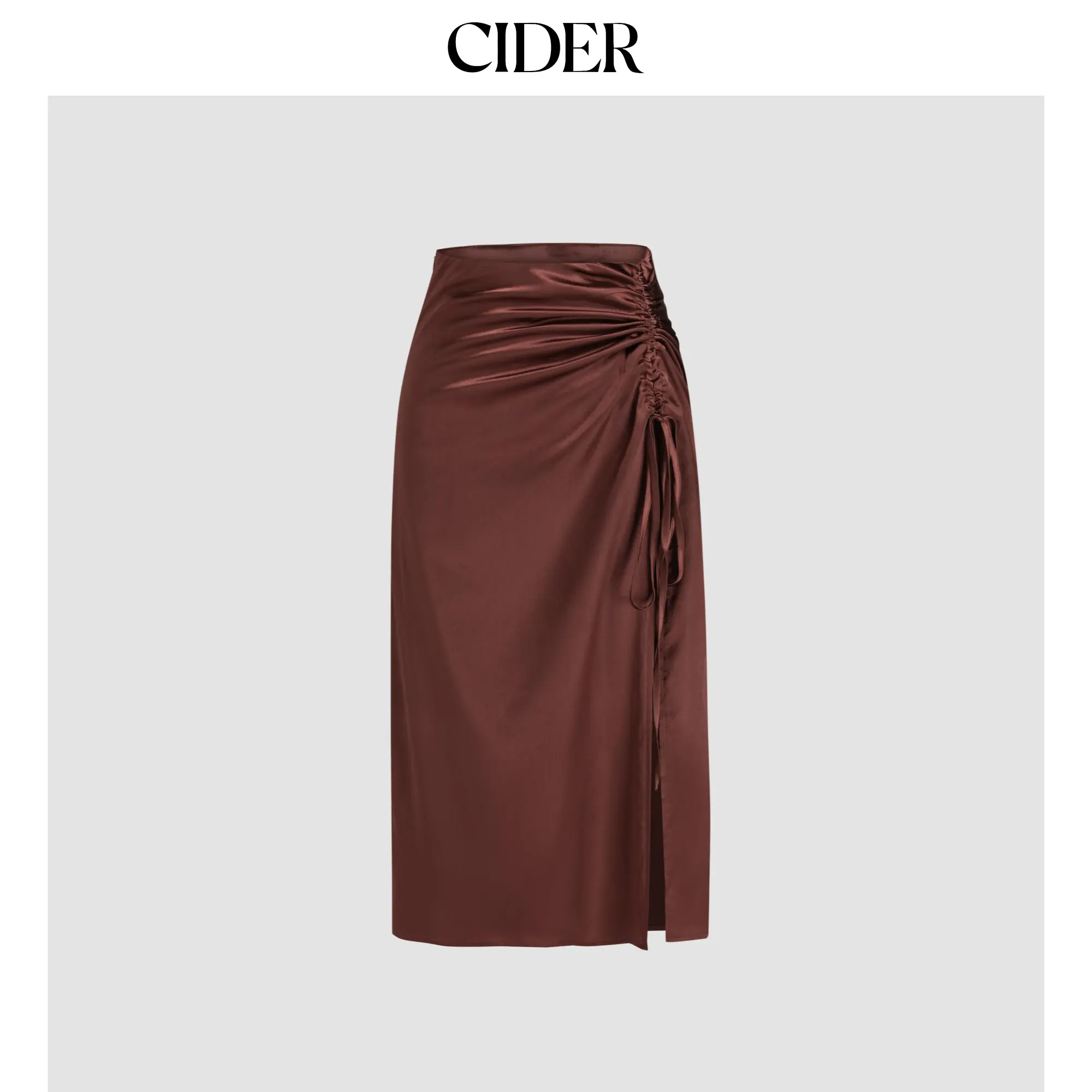 Cider Satin Drawstring Split Midi Skirt
