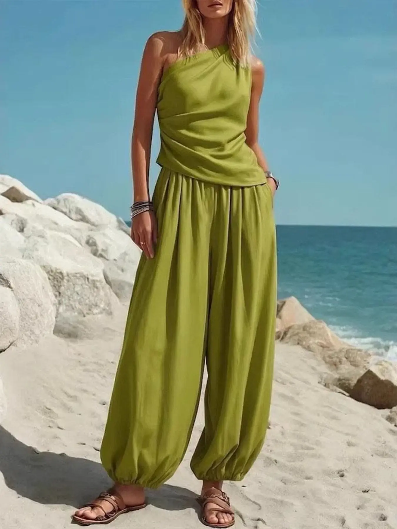 C1496 Women Minimal Quiet Luxury Casual Two Piece Outfit, Asymmetric One Shoulder Sleeveless Top & Loose Balloon Harem Pants, Breathable Summer Matching Suit for Beach Trip, Daily Occasions & Home Wear.