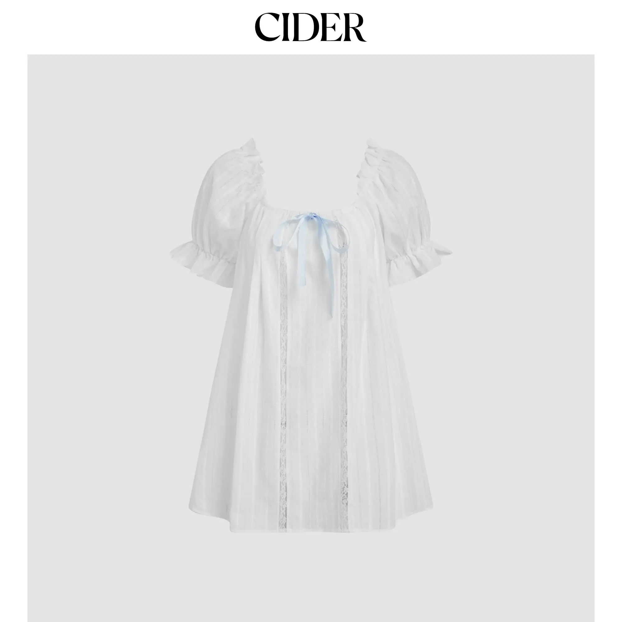 Cider Cotton-blend U-neckline Bowknot Lettuce Trim Puff Sleeve Mini Nightdress