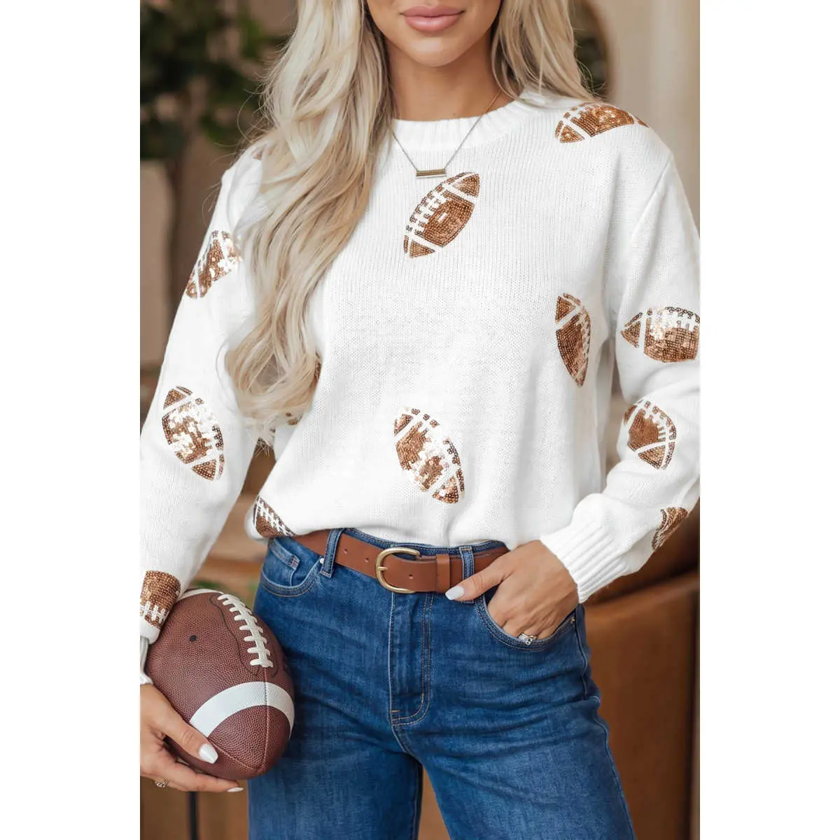 Women's Football Sequin Knit Sweater, Shiny Casual Pullover with Long Sleeves in a Comfortable Loose Fit, Longsleeves, Soft, Ribbed, Tops, Casual Wear