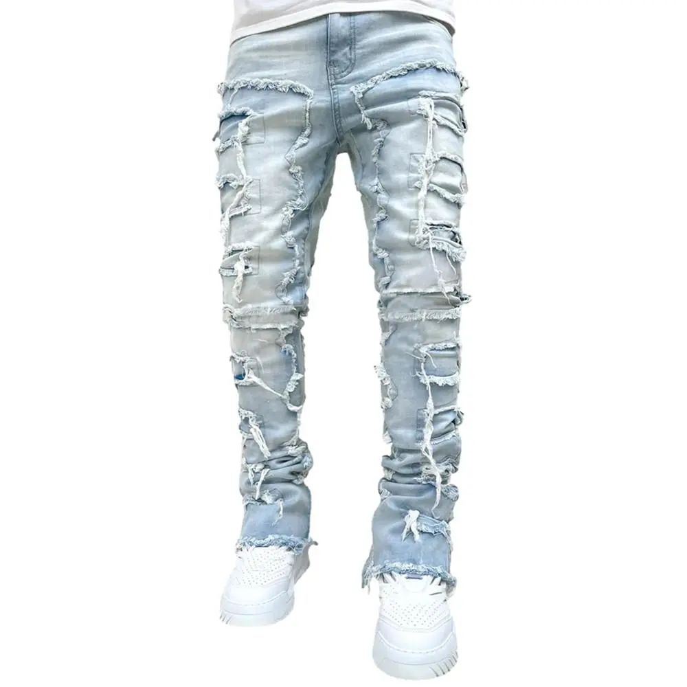 Streetwear Biker Jeans for Men, Spliced Stacked Denim with a Slim Straight Fit and Casual Streetwear Edge, Menswear, Aesthetic Men's Jeans, Alt-Style Men's Jeans, Biker Men's Jeans