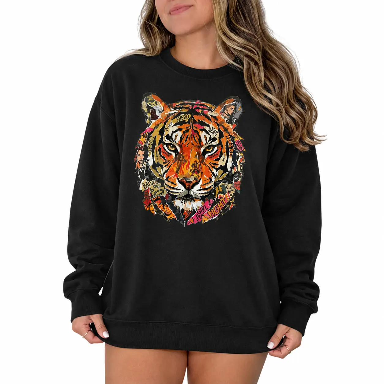 Magazine Tiger Printed Sweatshirt Cozy Casual Daily Wear Warm Soft Long Sleeve Tops For Men Women Outdoor Street Fashion