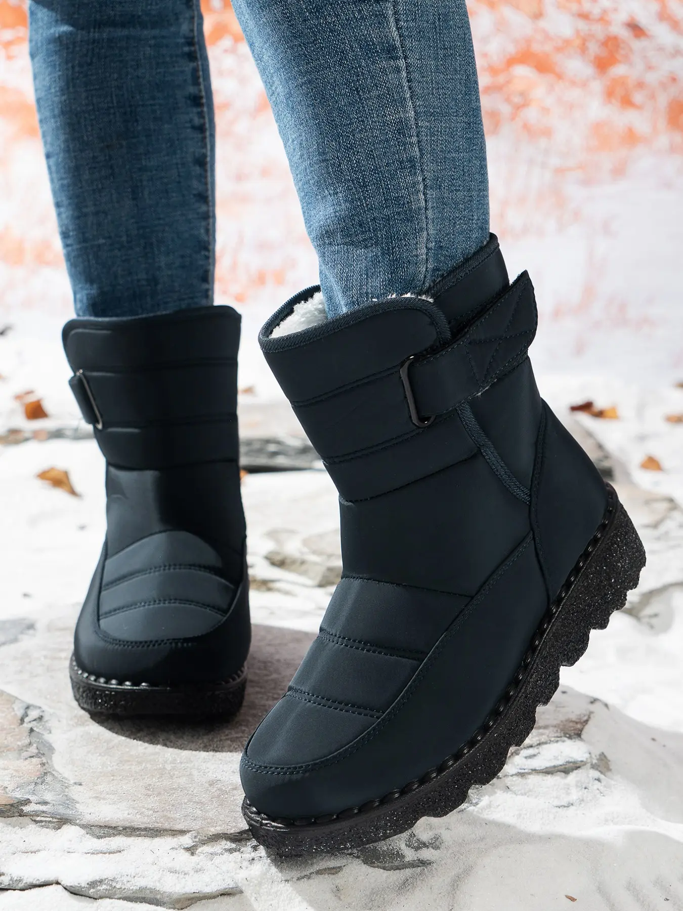 Women's 2026 New Thickened Fleece Magic Tape Fluffy Snow Boots, Round Toe Boots, Waterproof High-Top Cotton Shoes, Winter Warm Outdoor Footwear