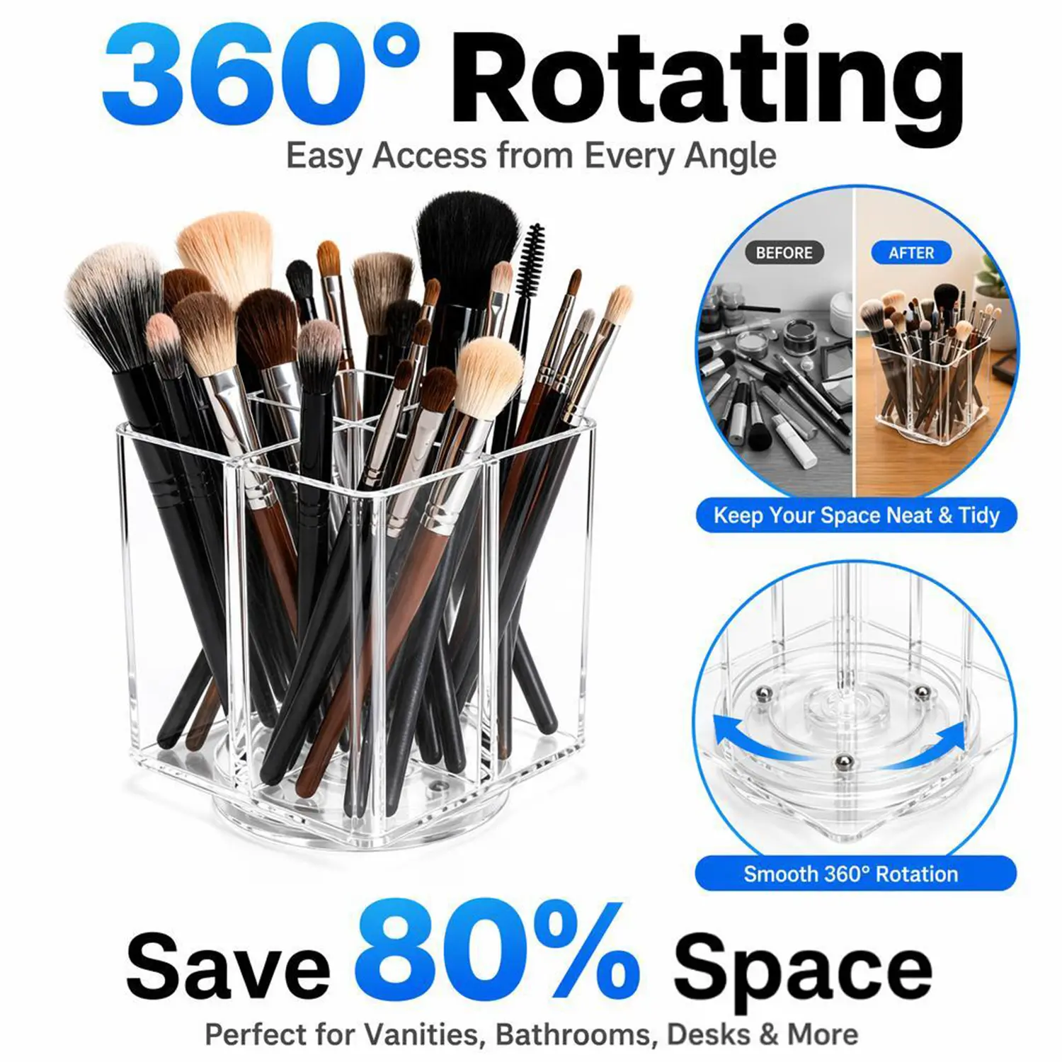 360° Rotatable Clear Makeup Brush Holder, 4 Compartments Acrylic Square Pen Organizer, Multifunctional Rotating Desktop Storage Caddy for Cosmetic Brushes Pens Office Supplies