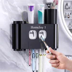 Bathroom Toothbrush Holder Wall Mounted Toothpaste Dispenser with 5 Slots 4 Cups and 2 Toothpaste Squeezers Black