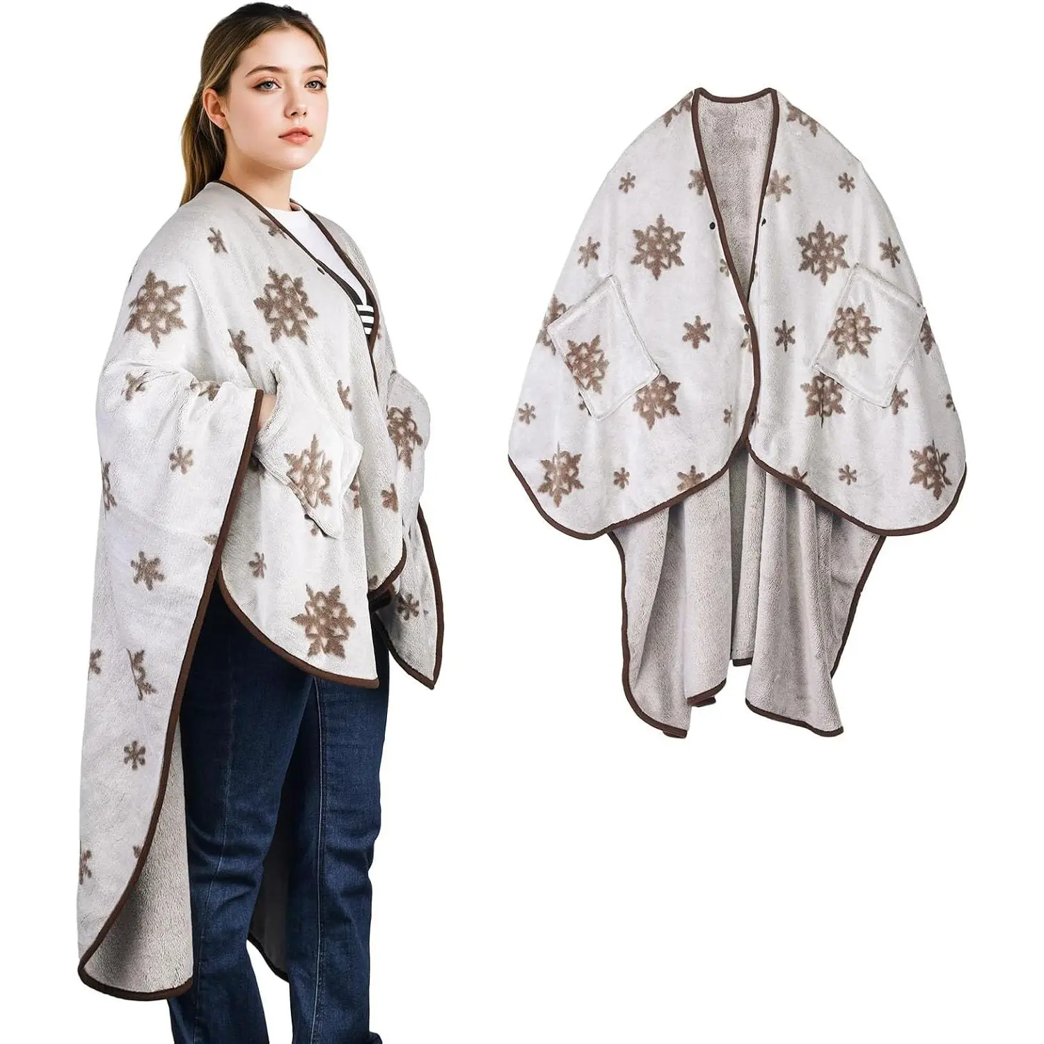 Wearable Blanket Poncho With Pockets, Fleece Shawl Wrap Blanket For Men And Women Soft Warm