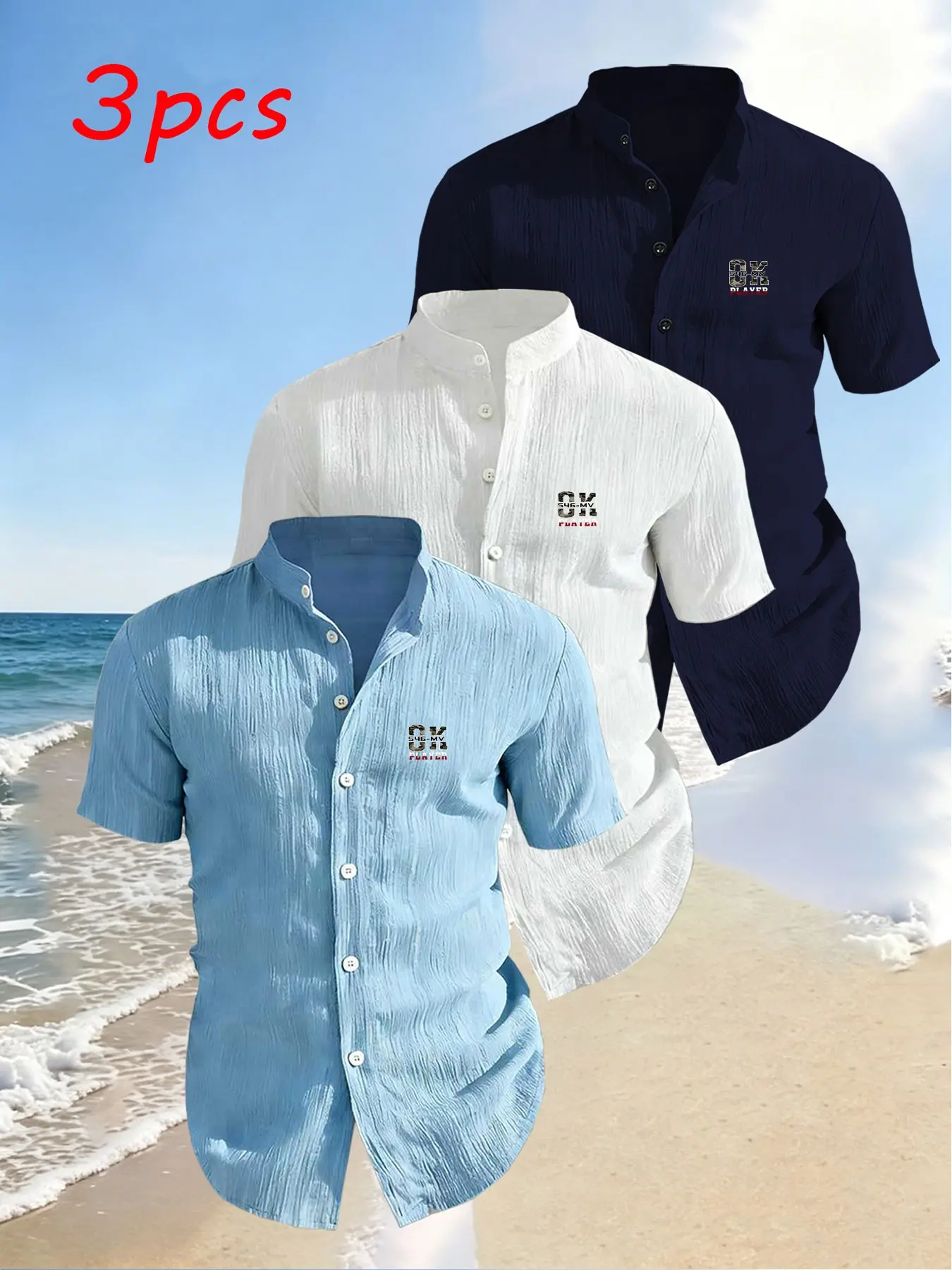 3-Pack Men's Summer Short Sleeve Shirts, Chest Print Design, Lightweight Breathable Solid Stand Collar Button Shirt, Ideal for Beach Poolwear