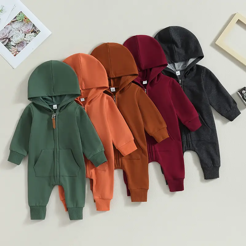 Baby Boys Girls Fall Jumpsuits Long Sleeve Solid Color Zip Up Hooded Rompers Newborn Outfit