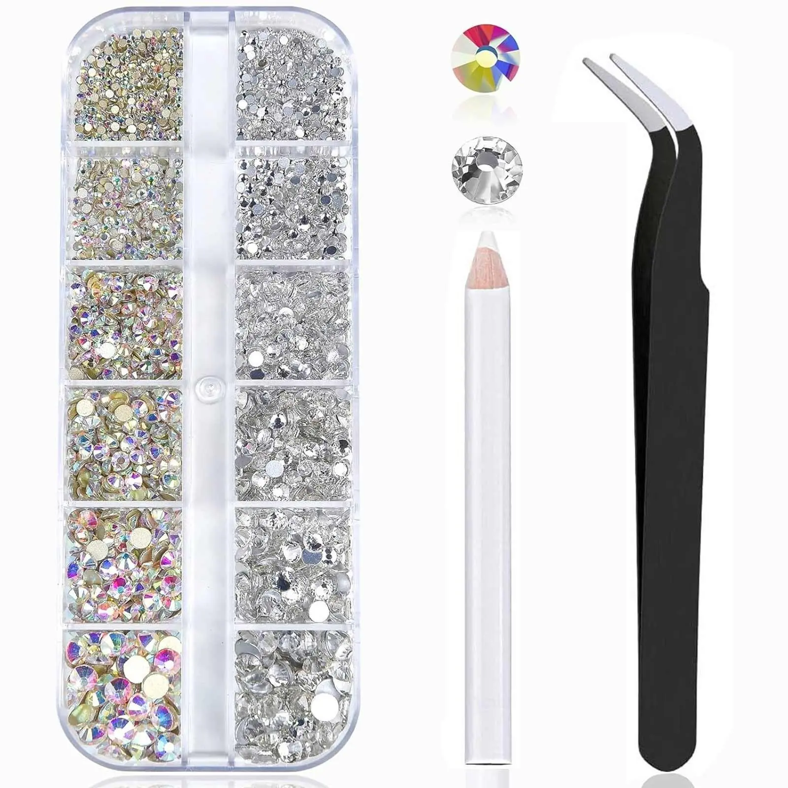 Sparkly Crystal Nail Art Rhinestones Set, 12 Grids Flat-Bottom Clear Diamonds Nail Decorations, DIY Manicure Kit Tweezers & Dotting Pen, Flat Back Rhinestones