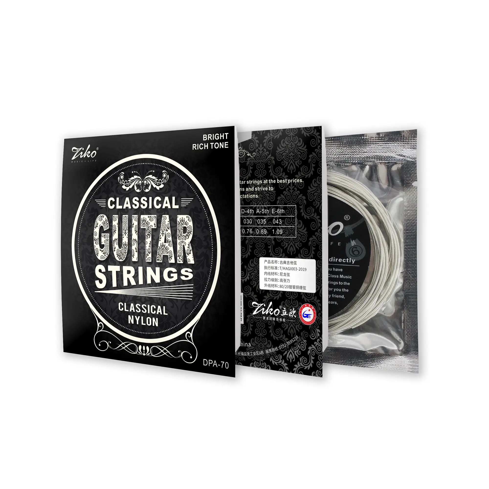 Ziko Dpa-70 Classical Guitar Strings, Transparent Nylon + Silver Color Coating, One Size, High-Quality Acoustic Guitar Strings