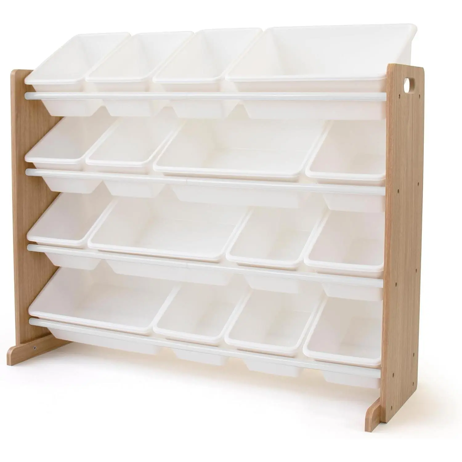 Toy Storage Organizer with 16 Removable Storage Bins for Kids Playroom, 4-Tier Toddler Toy Organization and Storage, Natural Wood/White
