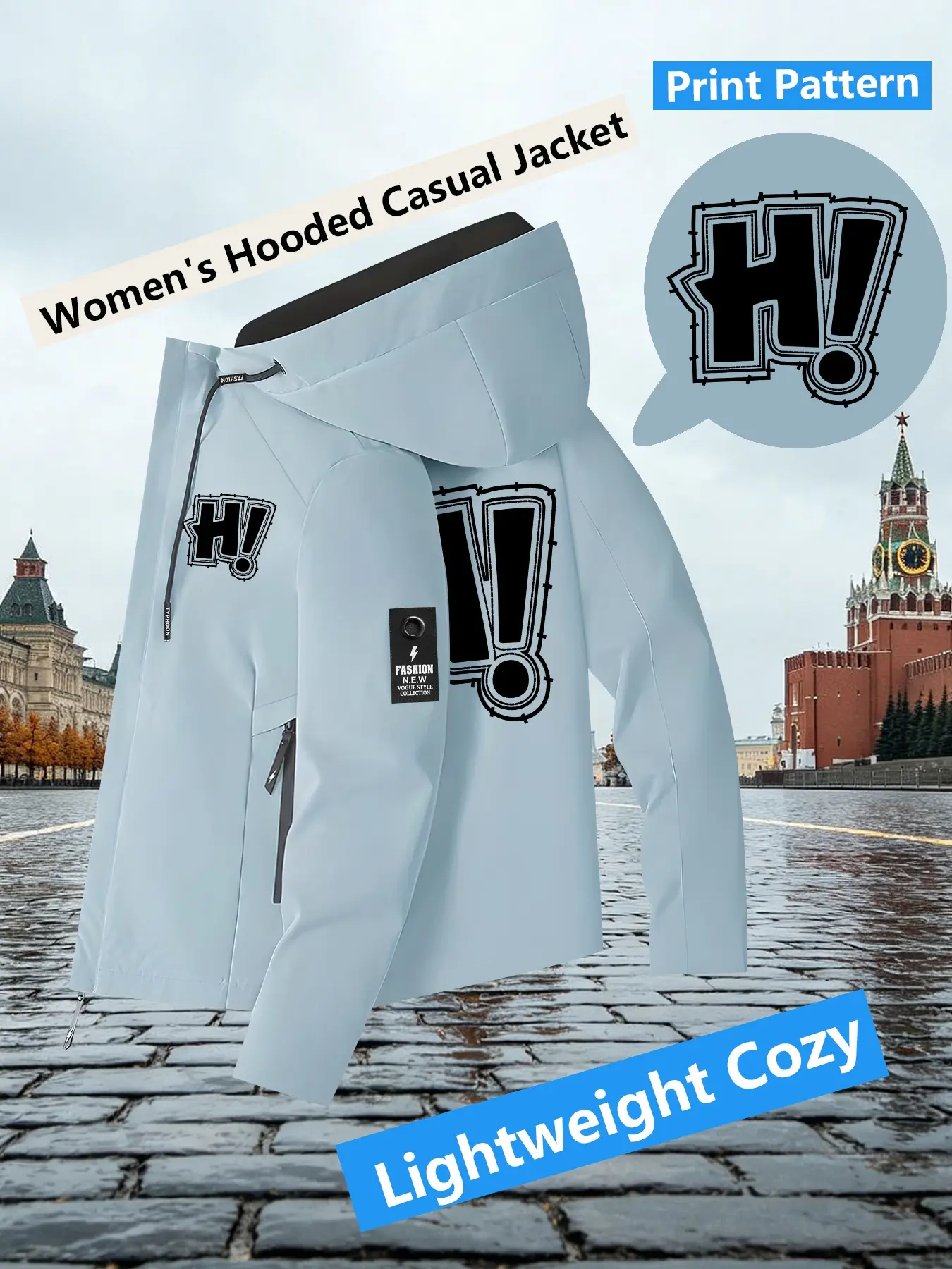 Women's Light Blue Hooded Windbreaker Jacket Double Sided Bold Frame HI Exclamation Letter Print Jacket Two Color Options Hooded Loose All Season Warm Jacket Ideal for Daily Commute Hiking Climbing Wear Skin Friendly Breathable Machine Washable Plussize