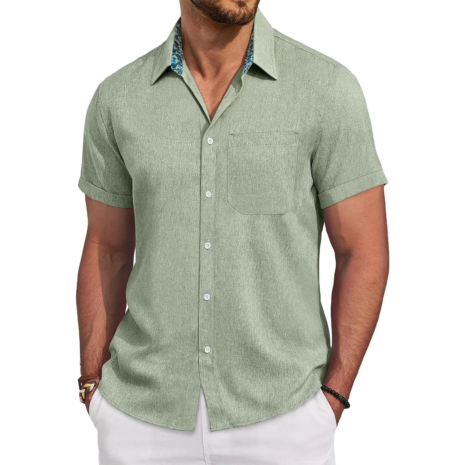 Mens Linen Shirt Short Sleeve Button Down Shirt Casual Beach Wedding Shirts