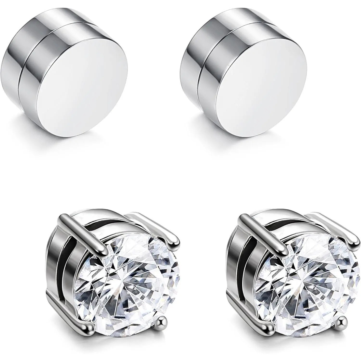 1/2 Pairs 6/8MM Stainless Steel Stud Earrings for Men Women Non Piercing Clip on CZ Earrings,  Shiny Round Cubic Zirconia Stud Earrings for Non-Pierced Ears Hypoallergenic Stainless Steel Fake Earrings Not Easy to Fall off