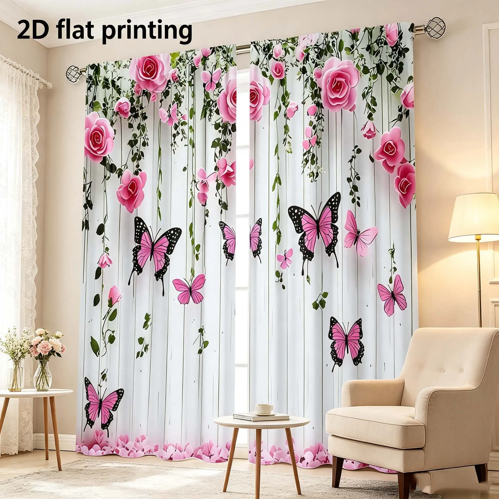 2-piece set of Nordic style wooden texture background rose butterfly curtains, durable semi transparent polyester material curtains, suitable for bedrooms/living rooms, ideal for home decoration, Home Decorative Curtain