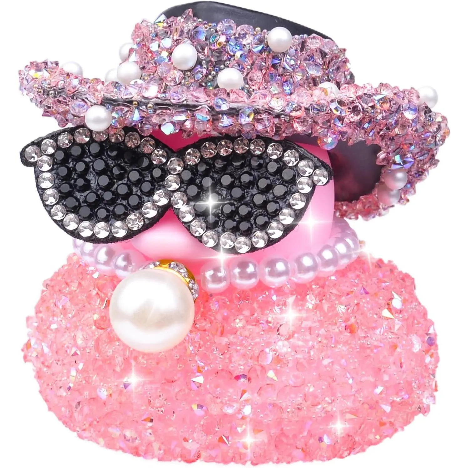 Glitter Rhinestones Rubber Duck  Dashboard Ornaments | Sparkly Bedazzled Ducks  Dashboard Decorations with Mini Cowboy Hat Necklace Sunglasses