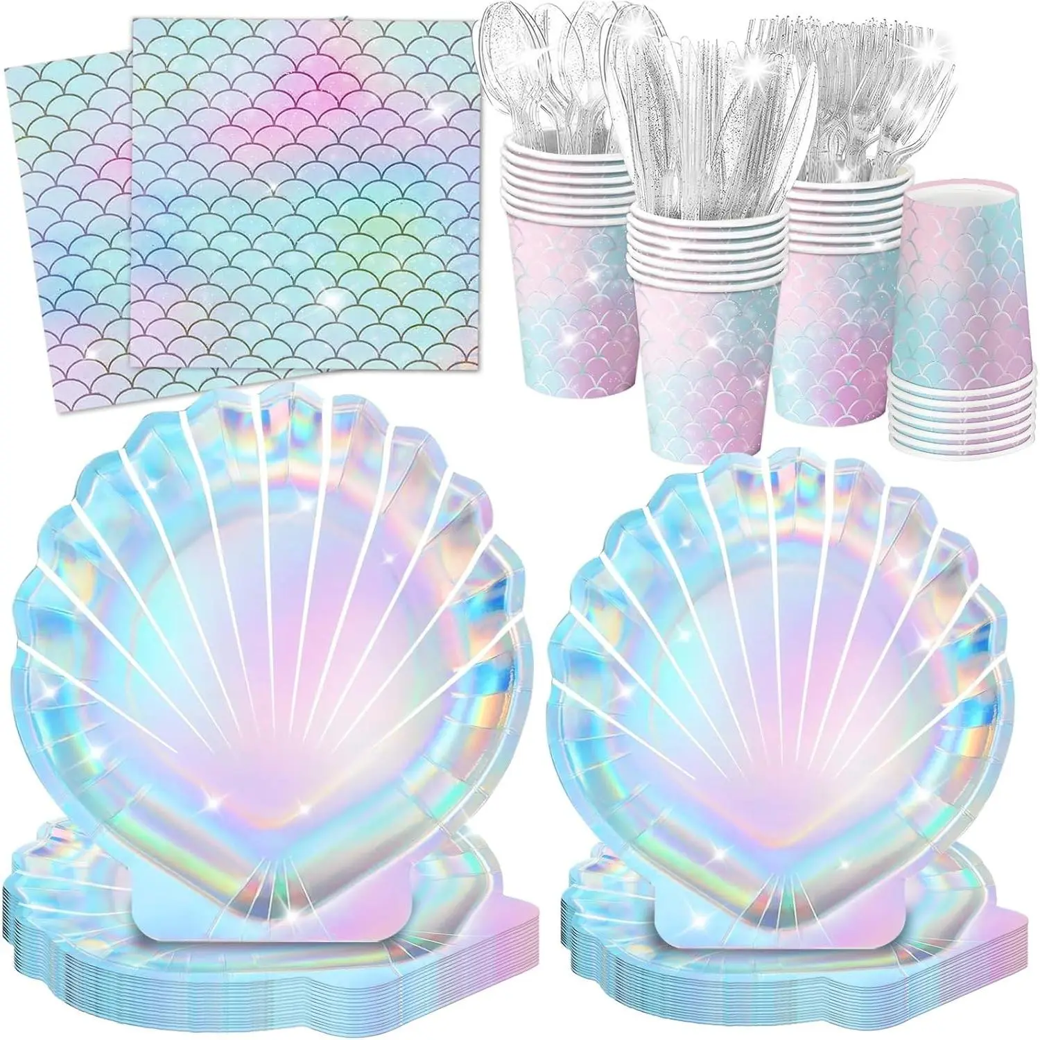 144 Pcs Mermaid Birthday Party Supplies - Under the Sea Decorations with Plates, Napkins, Cups & Cutlery, Serves 24Gift