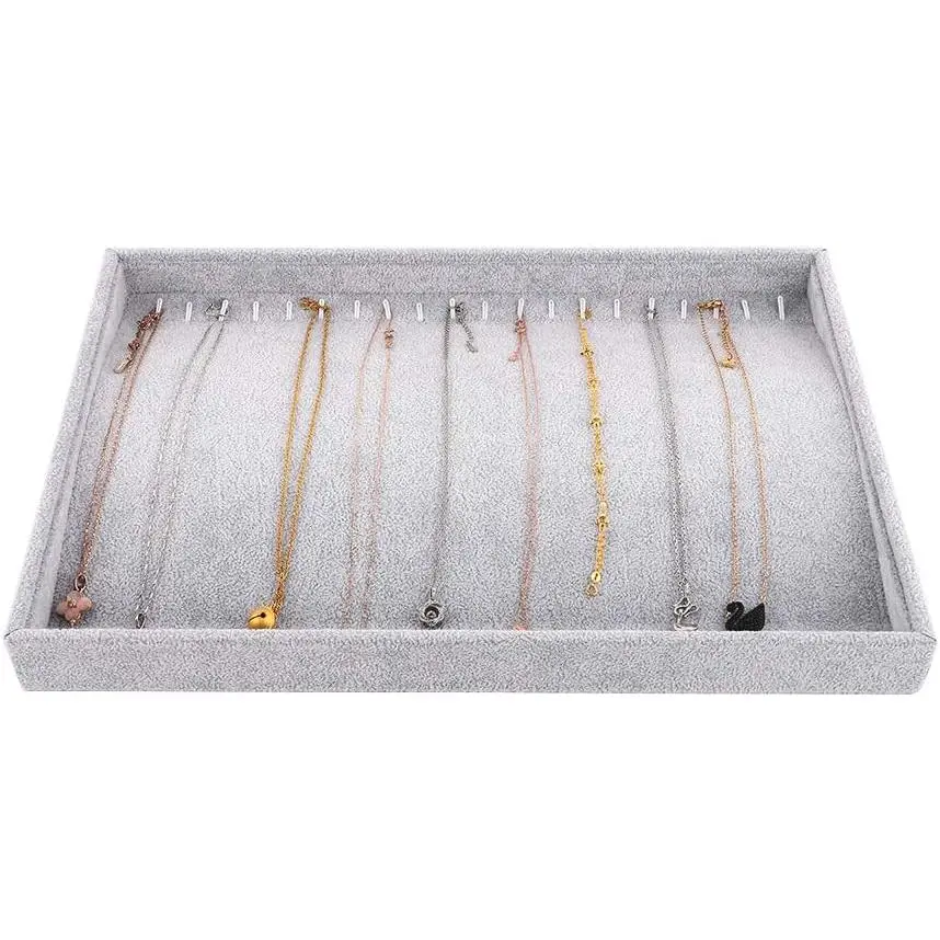 Necklace Tray  Organizer, 20 Hooks Stackable  Tray | Necklace Organizer  Storage  Display Tray for Necklace Pendant Bracelet with Detachable Inner Dividers, Grey