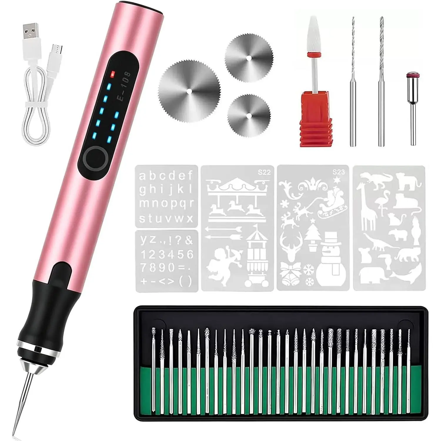 Cordless Engraving Pen, USB Rechargeable Portable Size Specialty Power Tool Kit with 34 Bits + 12 Stencils for Metal/Glass/Ceramic Etching Tasks - DIY Craft Accessory (Tools & Hardware)