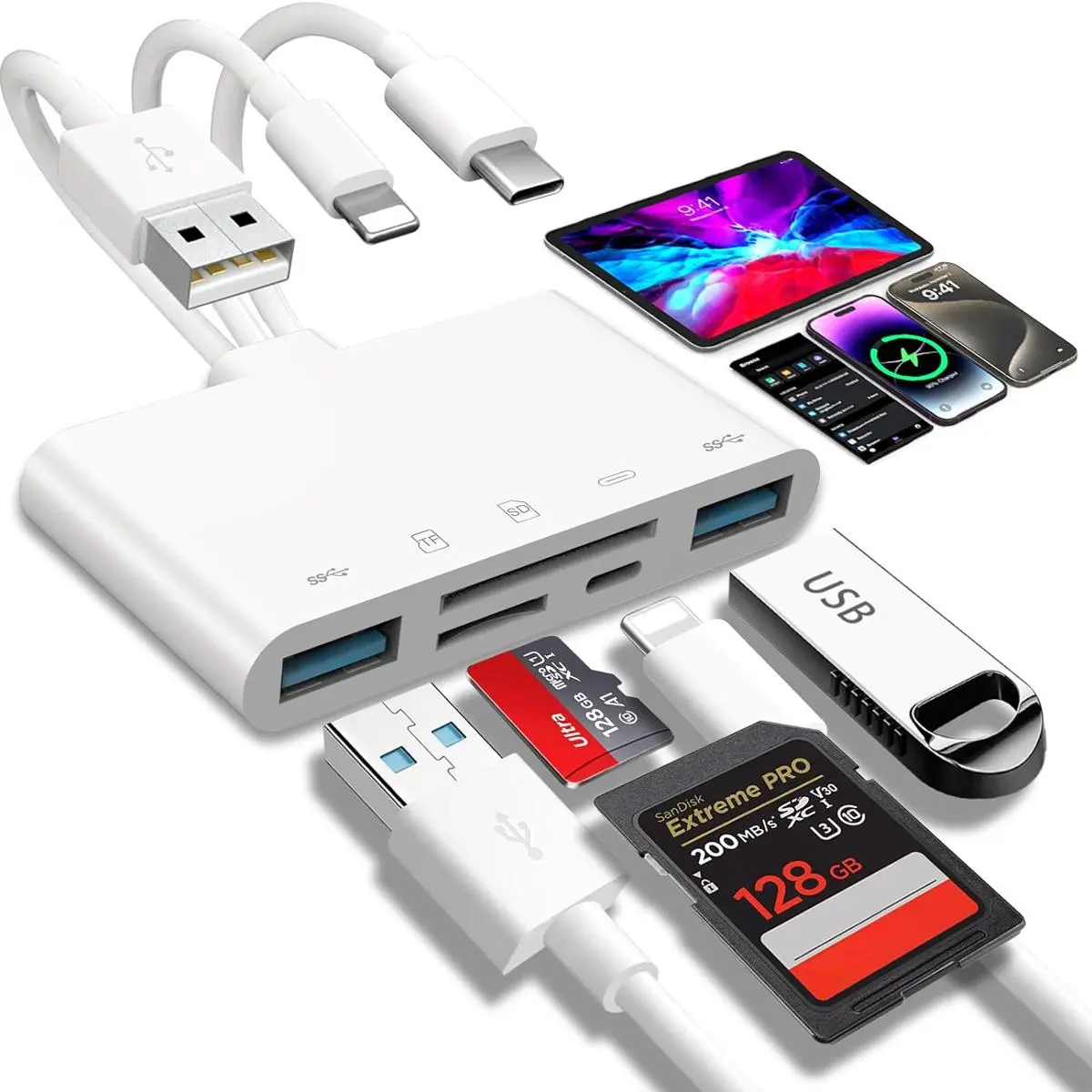 MFi Certified 5-in-1 iPhone Memory Card Reader, USB OTG Adapter & SD/TF Card Camera Viewer for iPhone/iPad/PC/Android/Camera/USB C & A Devices, Supports SD/Micro SD/SDHC/SDXC/MMC Plug and Play#SummerWins