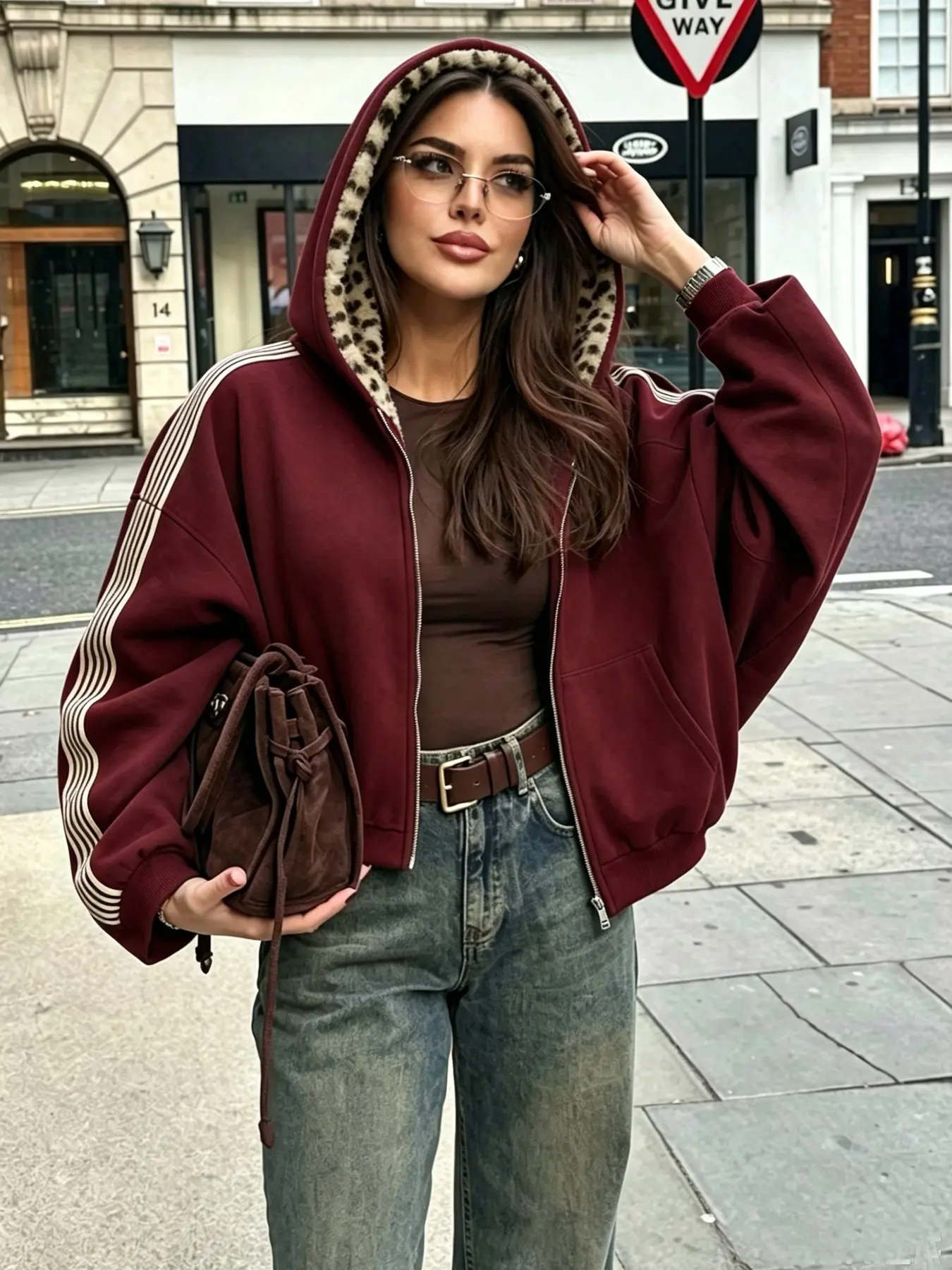 Unisex Zipper Open Front Jacket, Leopard Pattern Long Sleeve Outerwear, Loose Fit Winter Coat with Kangaroo Pocket, Fashionable Daily Wear