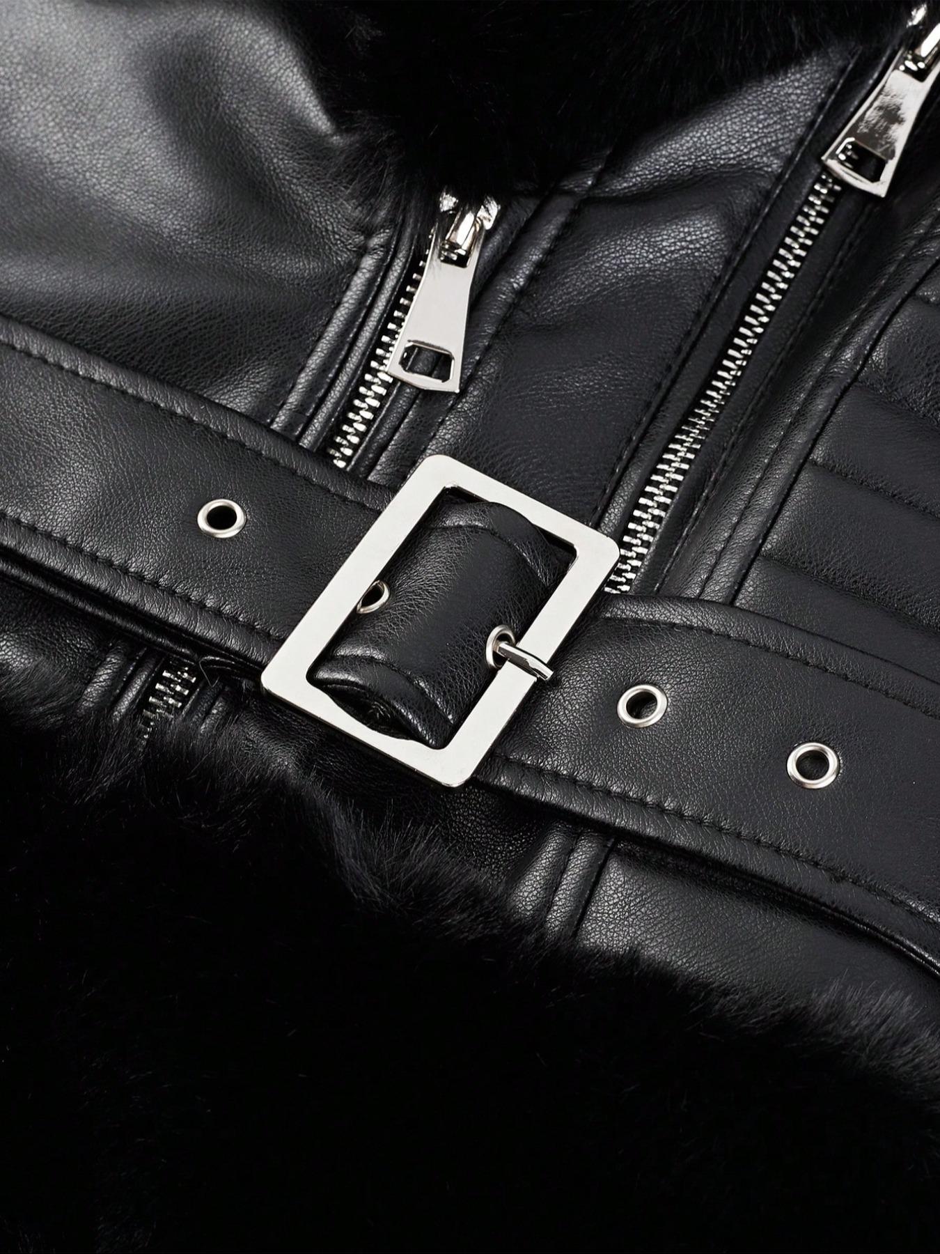 Women's Fall Winter PU Faux Fur Jacket, Aesthetic Vintage Style Fitted Long Sleeve Coat, Warm Daily Wear with Adjustable Waist Belt, Casual Plain Design Womenswear