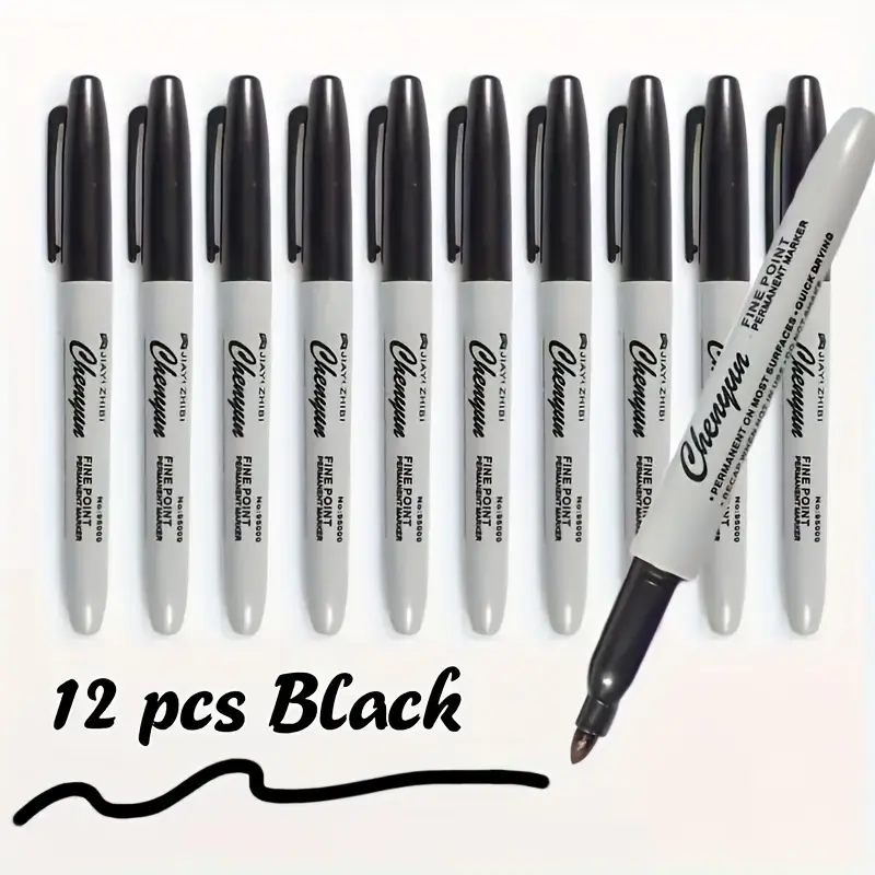 Quick-Dry Waterproof 12pcs Fine Tip Permanent Black Markers - Ideal for Stationery & Gift Packaging Marker Set