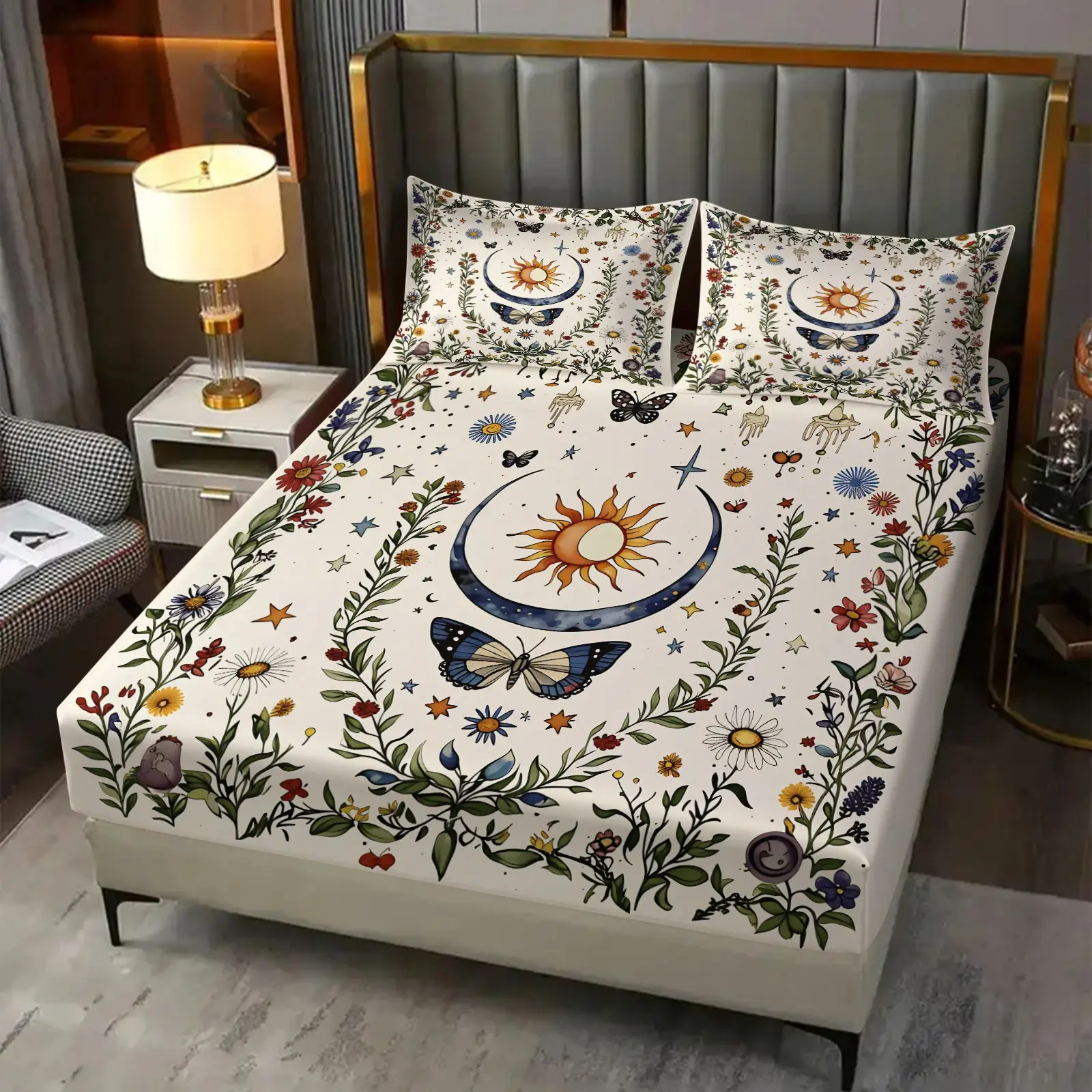 Boho Sun Moon Wildflower Ring Butterfly Print Fitted Deep Pocket Sheets Set, Vintage Bedding Plant Astral Floral Design, Durable Comfortable Mattress Protector, Soft Microfiber Deep Pocket Design, Unique Gift For Nature Lovers