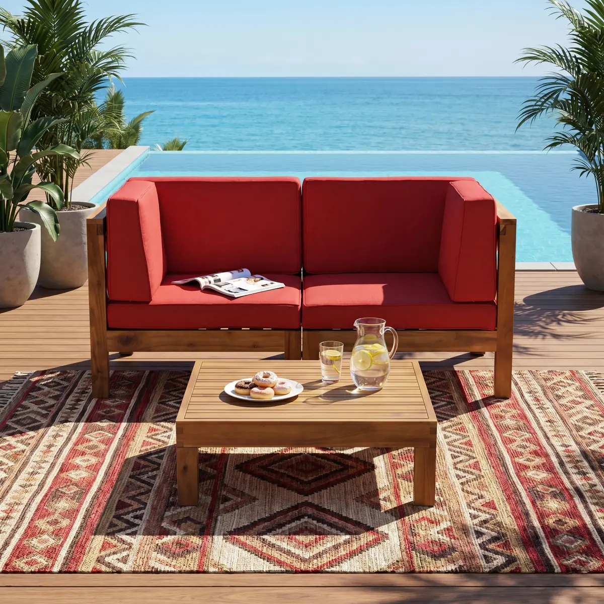 Christopher Knight Home® BRAVA X-Back 2-Seater Sectional Sofa Loveseat with Side Arms, Acacia Wood Outdoor Furniture Set, Requires Assembly