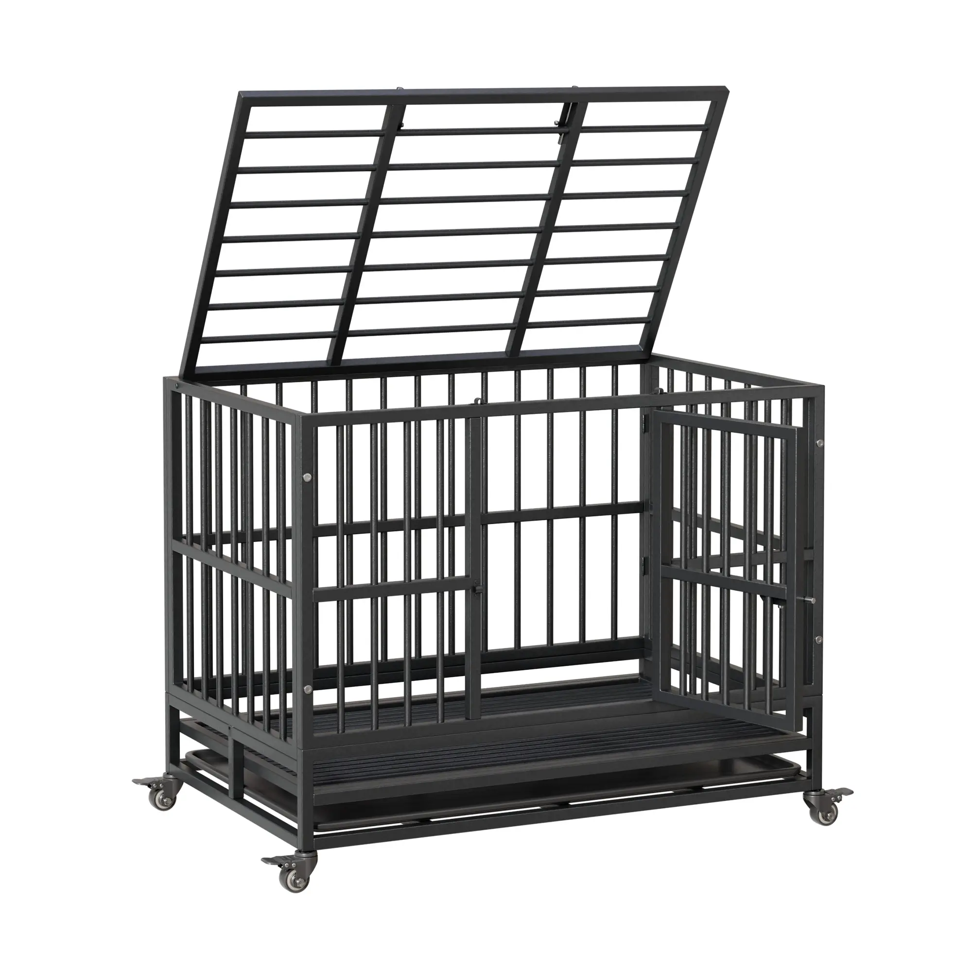 37 Inch Rolling Dog Crate Metal Pet Cage with Wheels Indoor Heavy Duty Kennel for Home