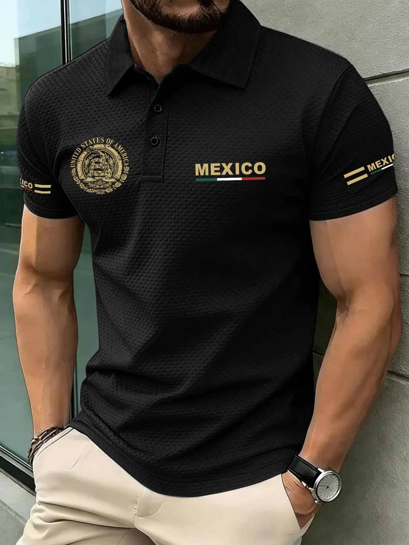 Men's Casual Stylish Short Sleeve Classic Polo Shirts, Classic Mexico Icon Design, Breathable Elastic Fabric, Perfect for Daily Wear and Outdoor Activities