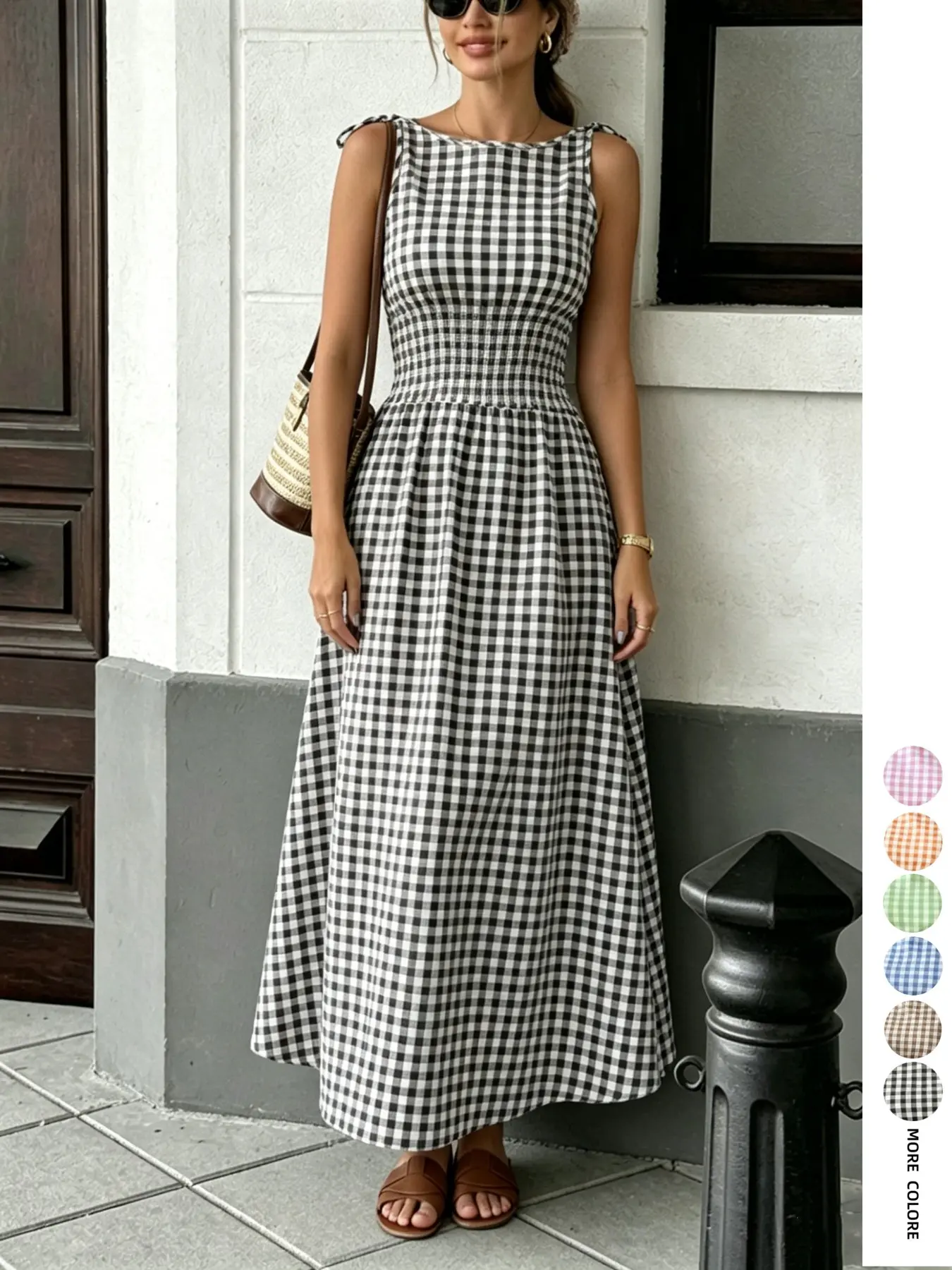 Summer Retro Plaid Elastic Waist Sleeveless Long Dress, Flowy A-Line Maxi Dress, Casual Chic Vacation Wear, Maxidresses