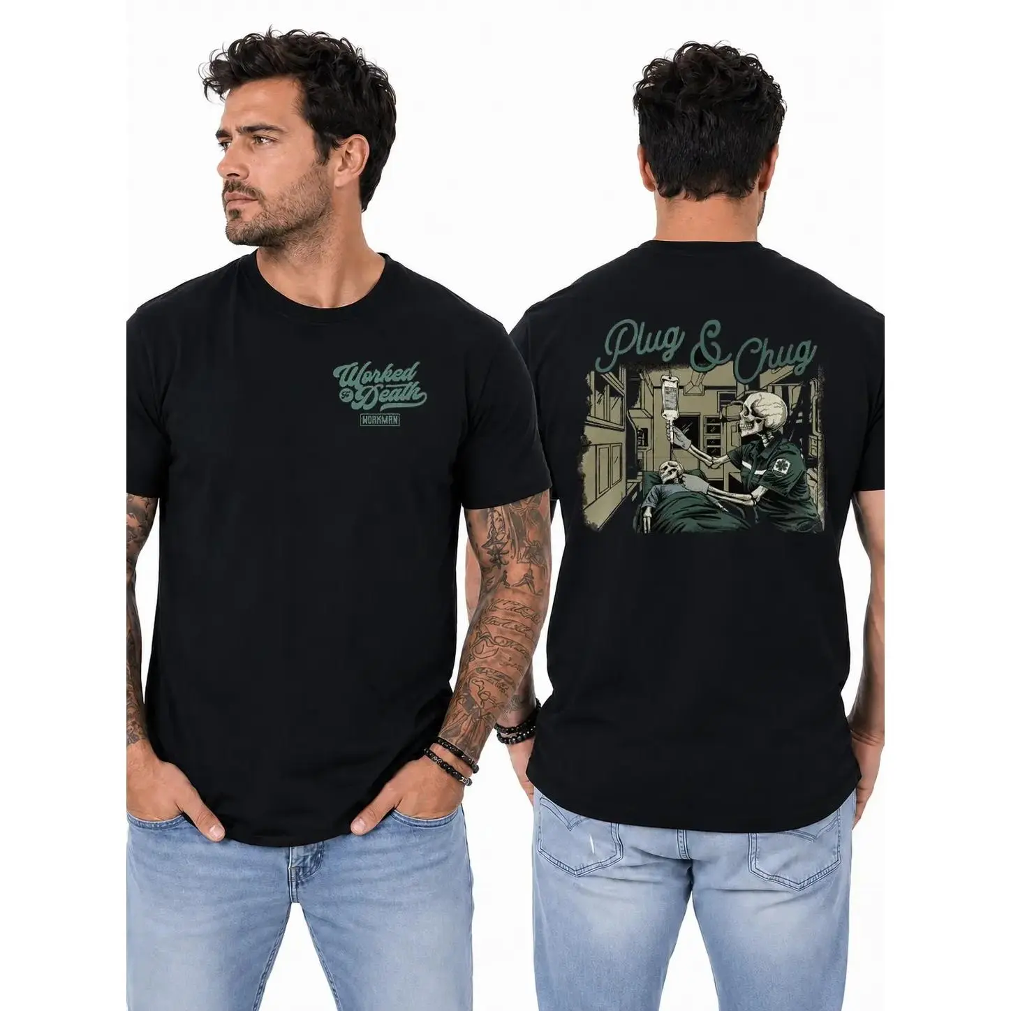 Unisex Cotton Casual Short-Sleeve Round Neck Plug & Chug Paramedic T-Shirt, Skeleton EMT IV Fluid Graphic Design, First Responder Work Shirt, Gift for EMS Ambulance Crews, Shortsleeve, Graphic Print