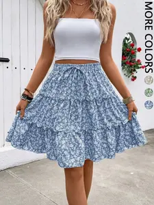 Women's Floral Layered Midi Skirt, Drawstring Elastic Waist, Flowy Ruffle Hem, Casual Elegant Design, Perfect for Daily Wear