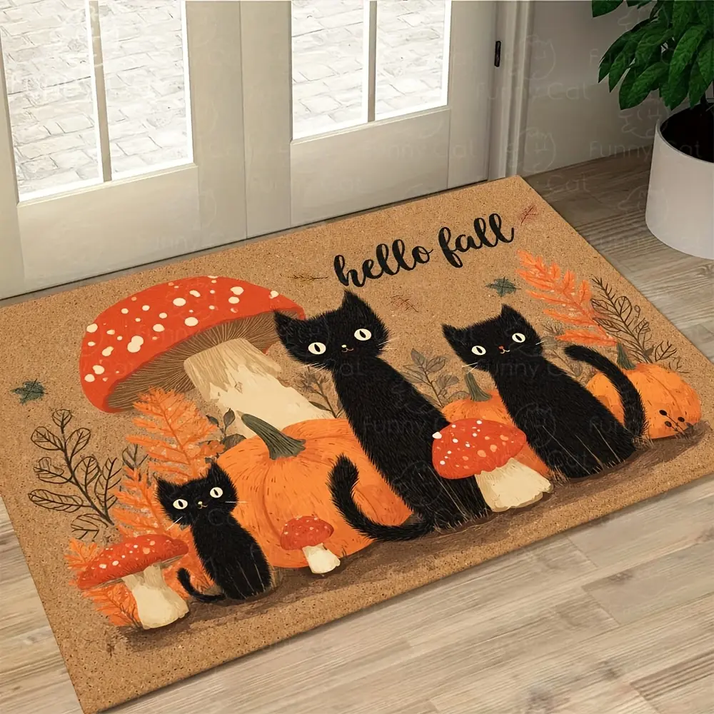 Fall Pumpkin Black Cat Welcome Doormat - Art Style Artisan Patterned Funny Anti-Slip Support Front Door Decor, Machine Washable Textile Floor Mat for Entrance, Halloween Thanksgiving Home Decoration, Funny Doormats