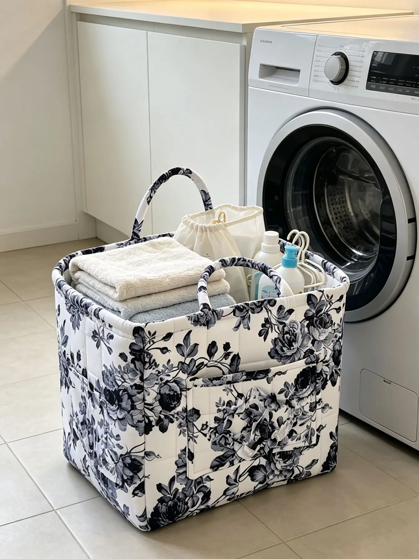 Vintage Floral Quilted Versatile Storage Basket with Double Handles, Foldable Fabric Organizer Tote for Bathroom Car Picnic