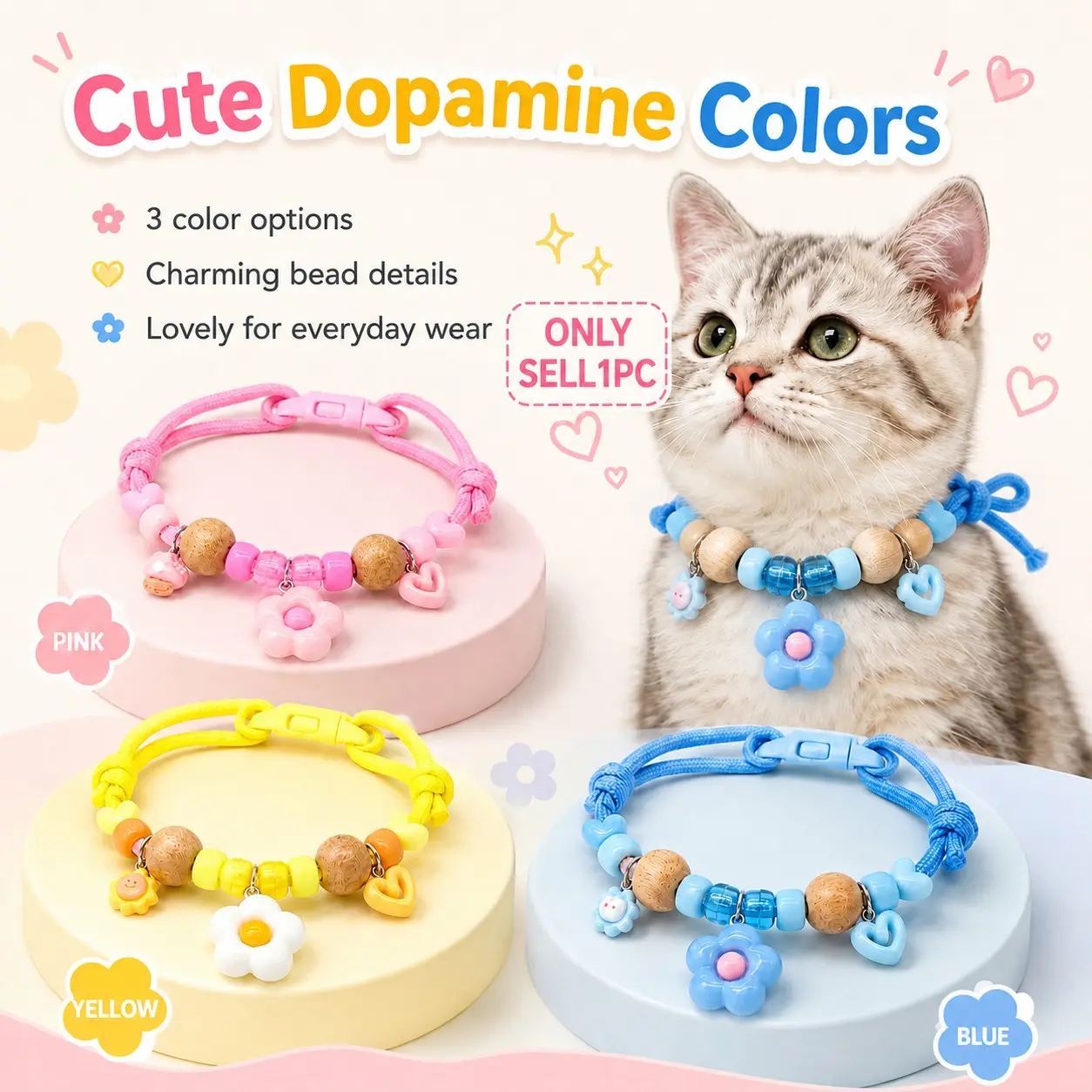 Dopamine Color Floral Pet Collar with Natural Repellent Wood Beads, Adjustable Breakaway Kitten Puppy Anti Flea Tick Mite Collar, Cute Hand Knotted Flower Beaded Cat Dog Necklace, Safe Insect Repellent Pet Neck Collar for Small Medium Cats Puppies, 3 Colo